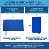 Comparison of two therapy pads with dimensions and usage instructions on a white background.