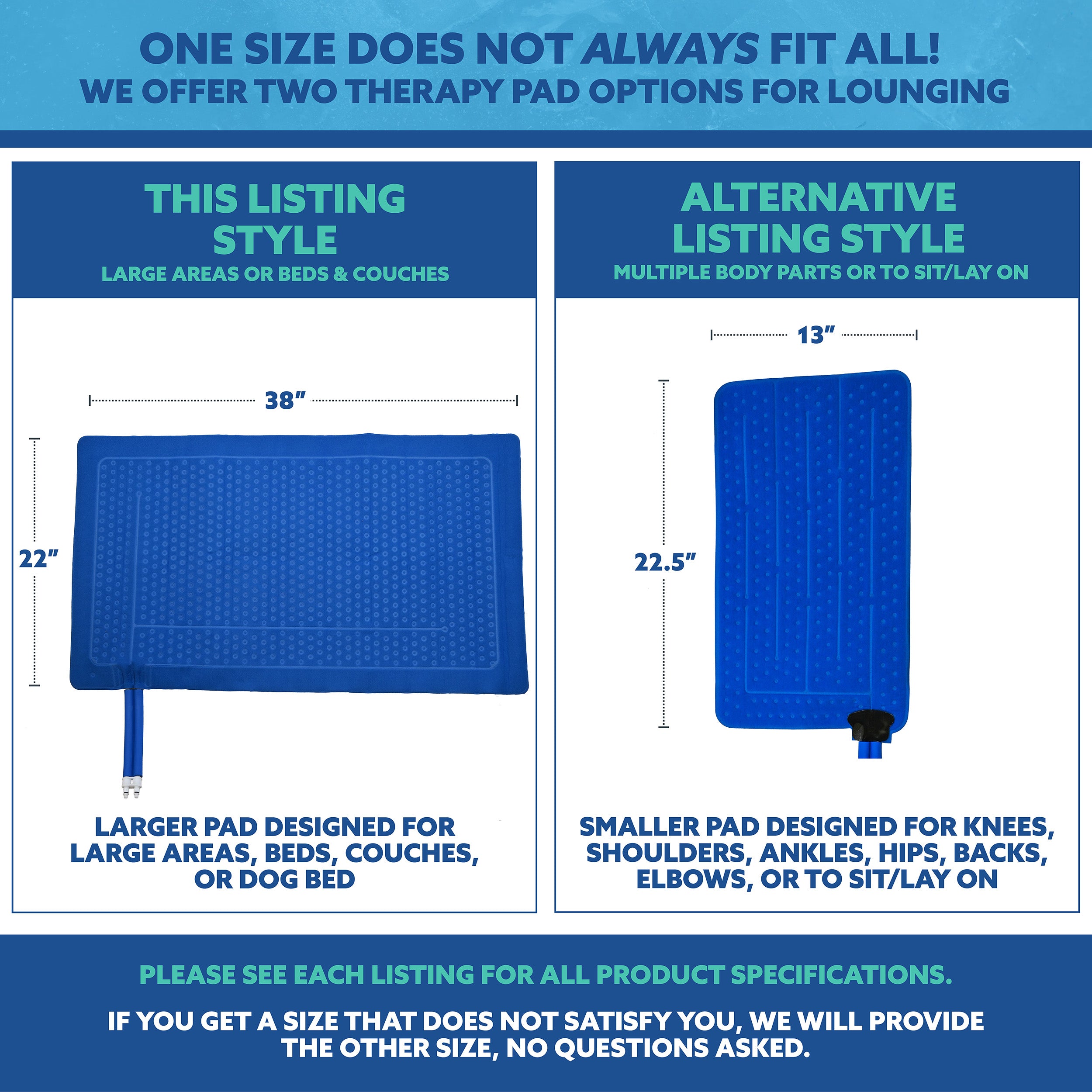 Comparison of two therapy pads with dimensions and usage instructions on a white background.