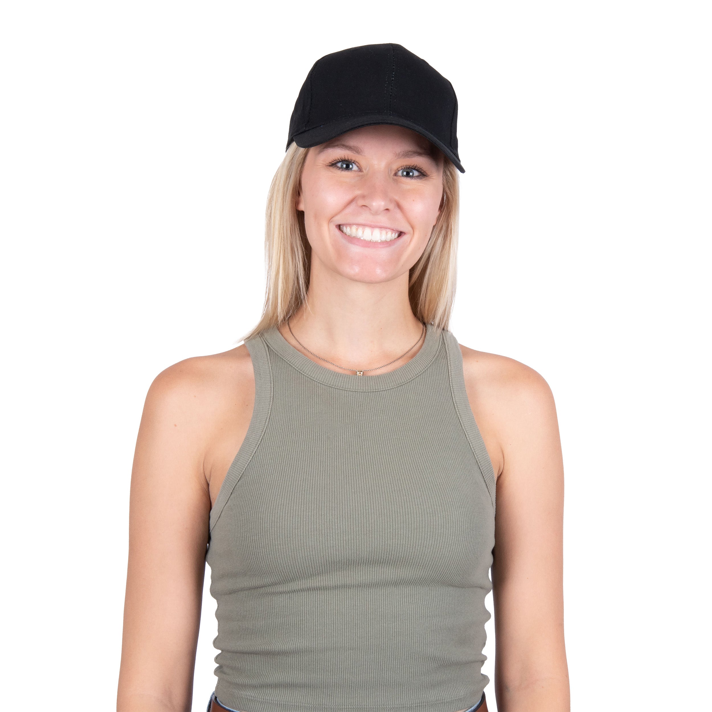 A smiling blonde woman wearing a black baseball cap with a cooling insert and a ribbed olive green tank top, photographed against a solid white background.