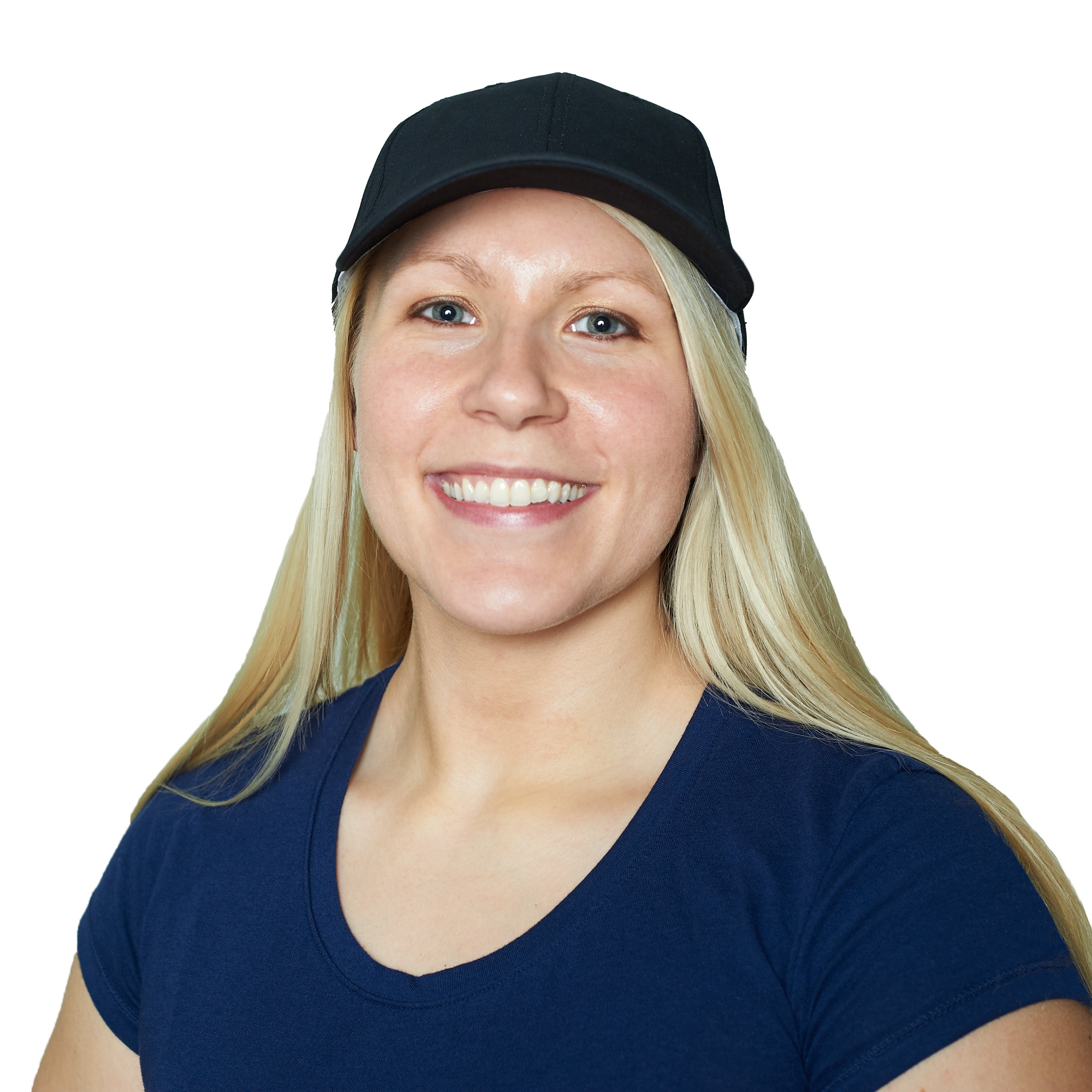 Woman wearing a black Cool58® baseball cap with a navy shirt on a white background