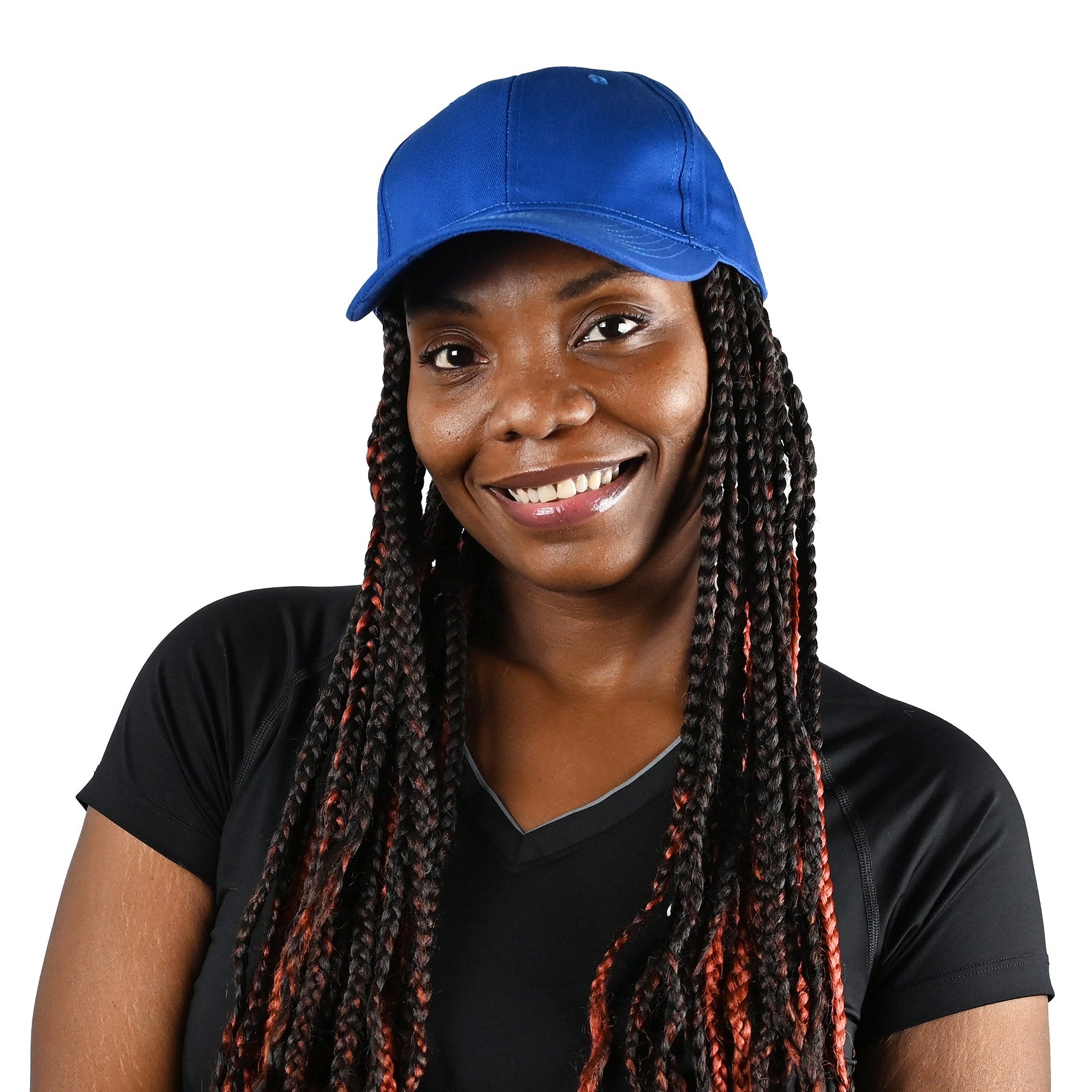 Woman wearing a blue cooling baseball hat