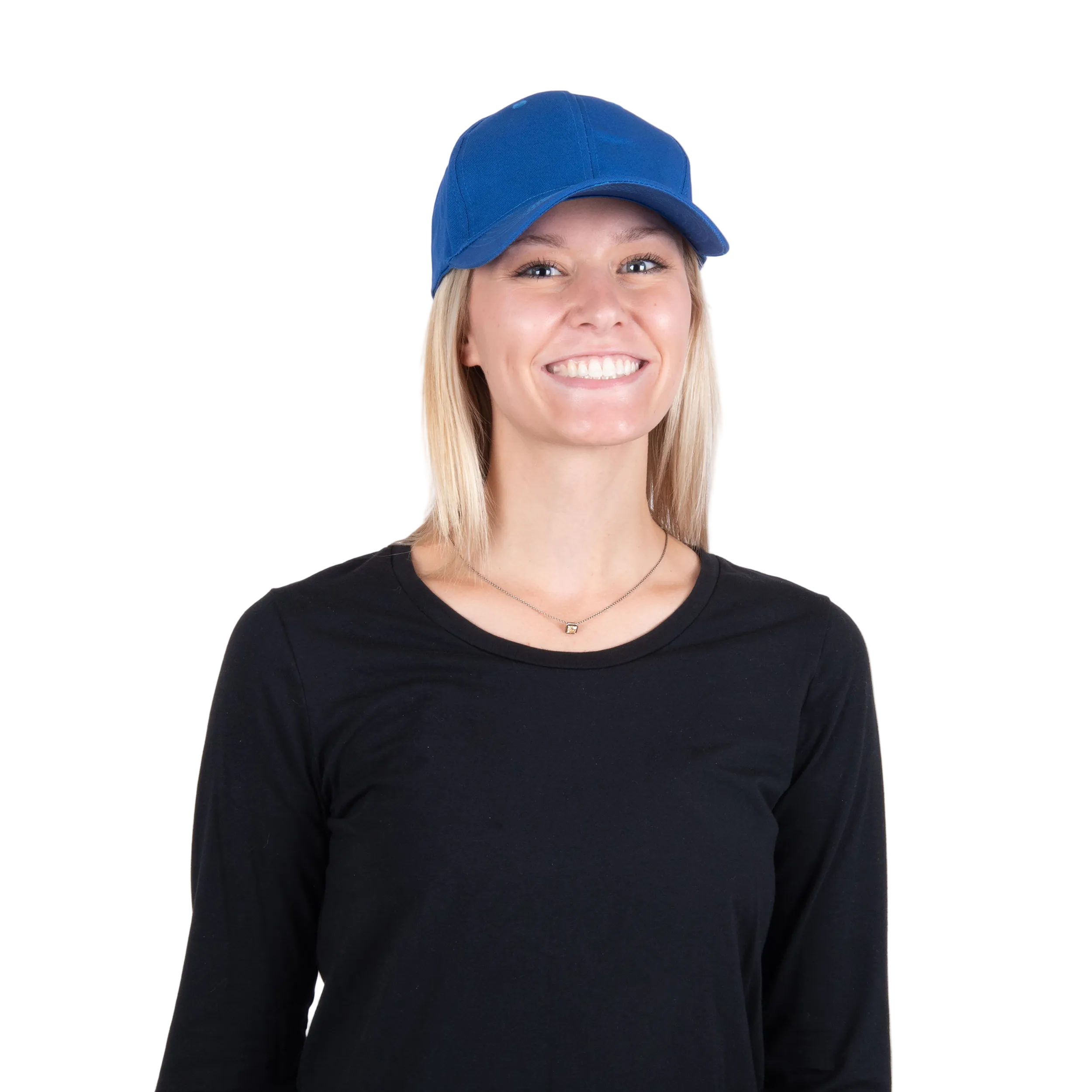 A smiling blonde woman wearing a royal blue baseball cap with a cooling insert and a black long-sleeve shirt, photographed against a clean white background.