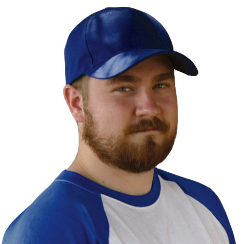 Man wearing a blue cooling cap and blue and white shirt on a white background