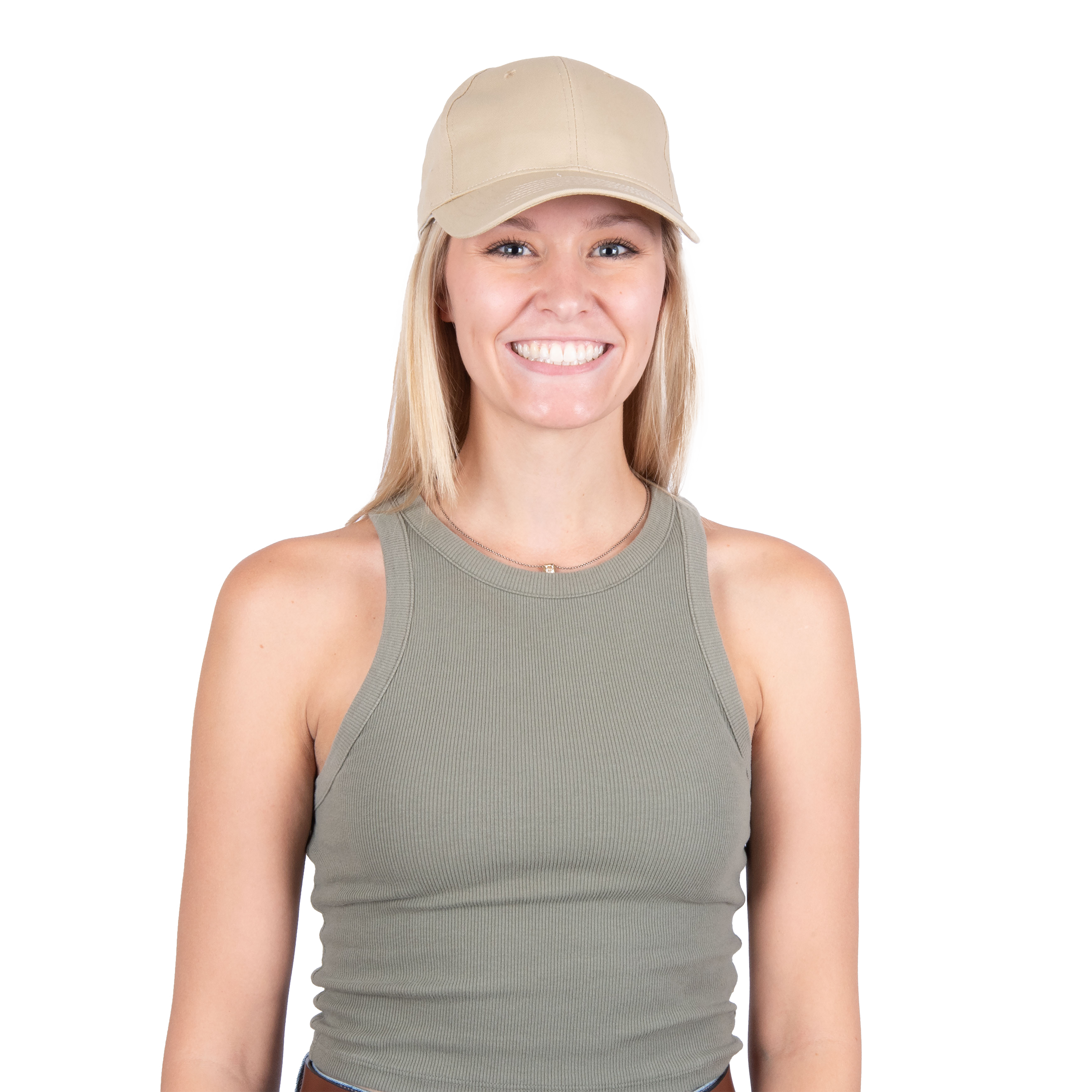 A smiling blonde woman wearing a beige baseball cap with a cooling insert and a ribbed sage green tank top, photographed against a solid white background.