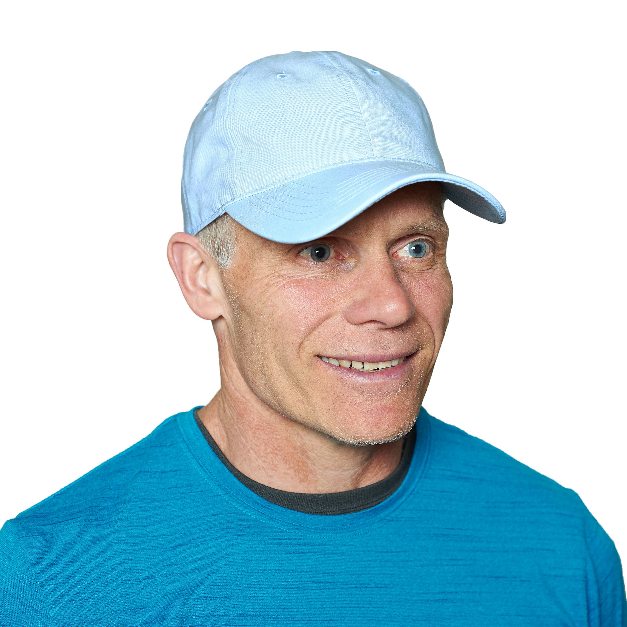 Man wearing a light blue cooling cap and blue shirt on a white background
