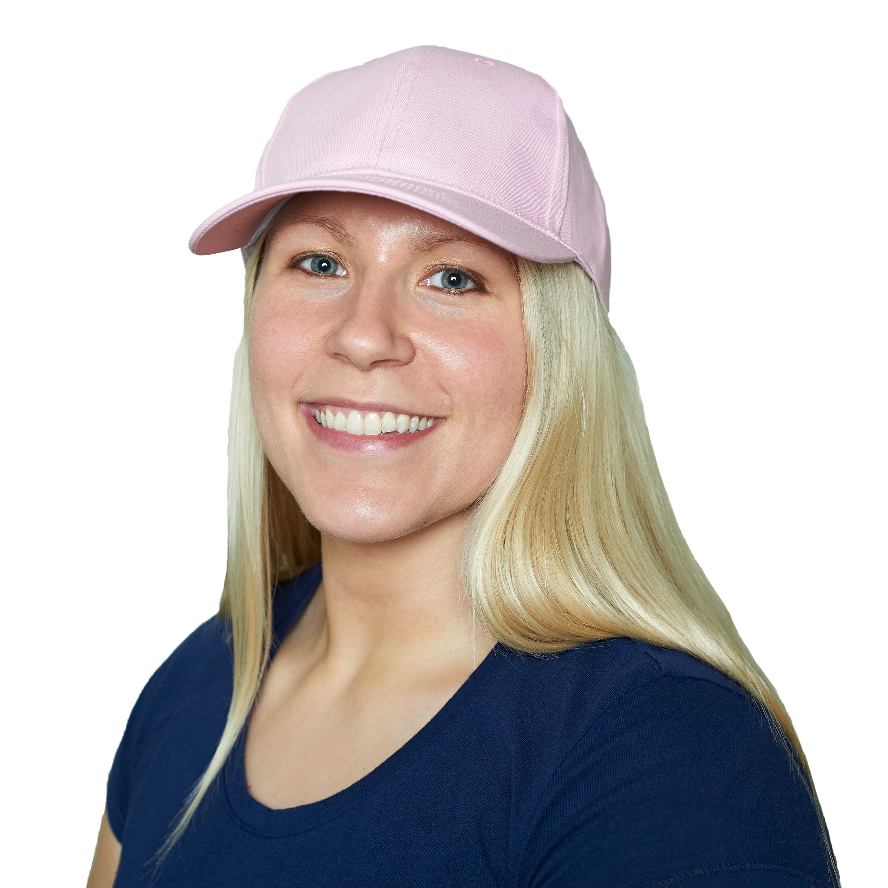Woman wearing a pink cooling cap and blue shirt on a white background