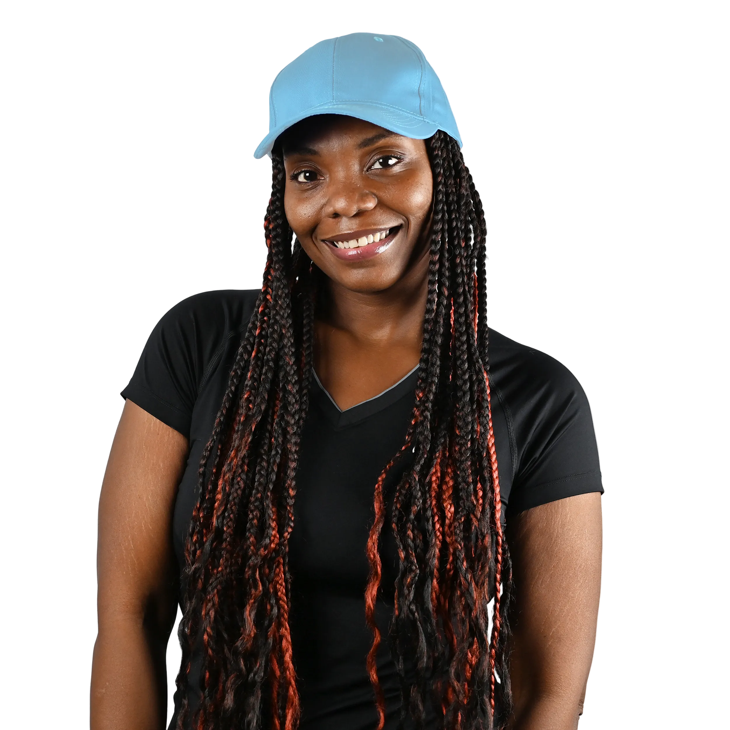 A smiling woman with long black and red braided hair wearing a light blue baseball cap with a cooling insert and a black short-sleeve V-neck shirt, photographed against a solid white background.