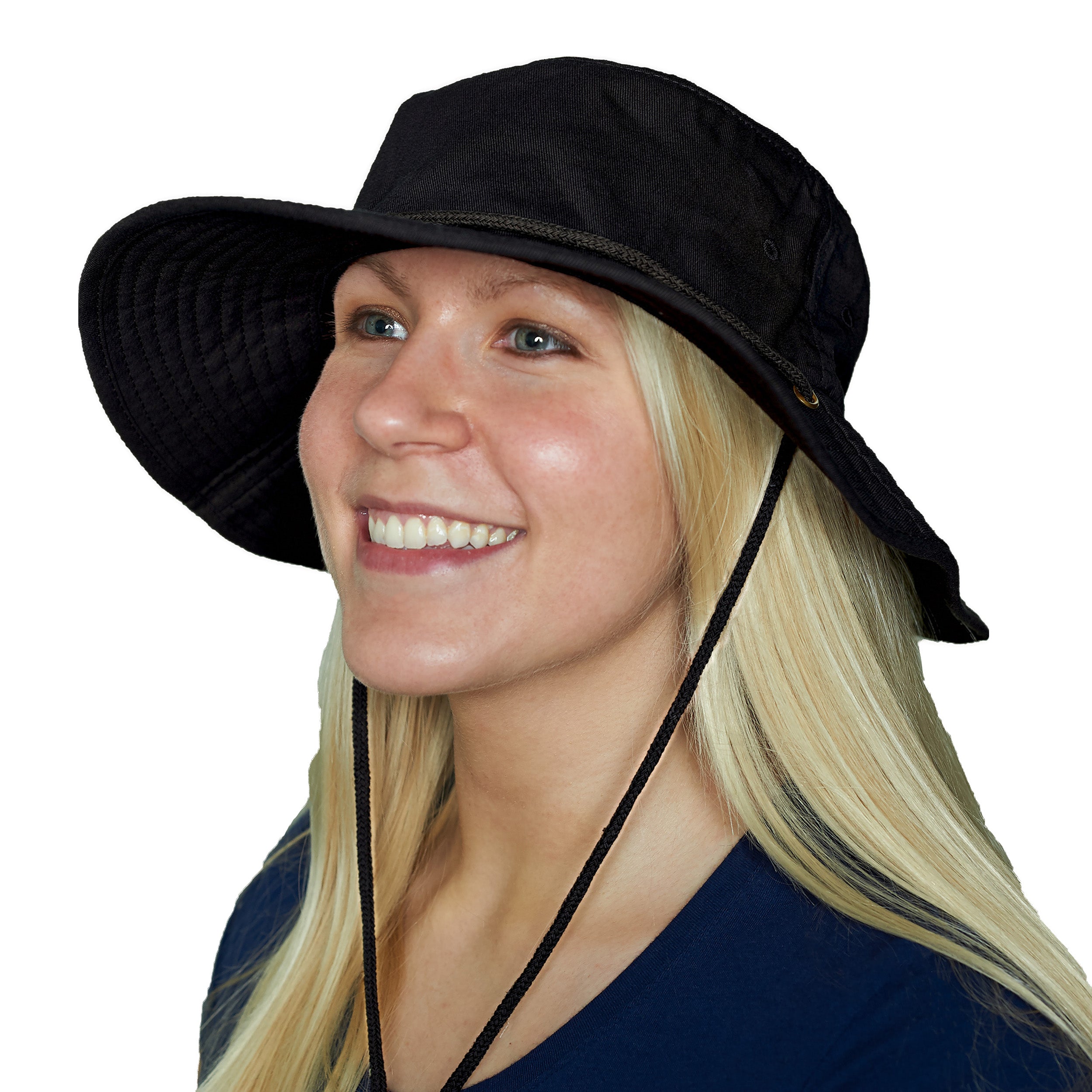 Woman wearing a black cooling bucket hat on a white background
