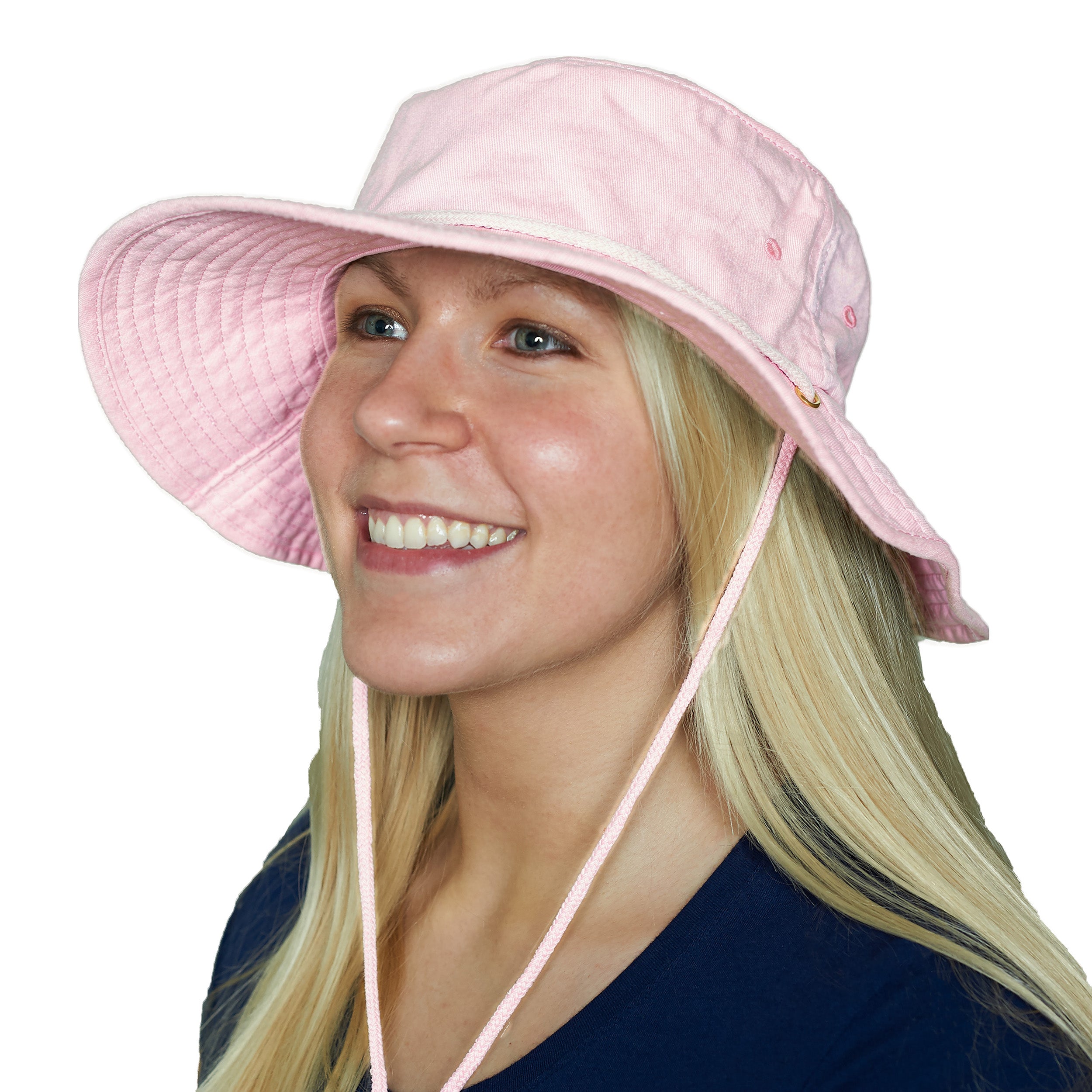 Woman wearing a pink cooling sun hat with a white background