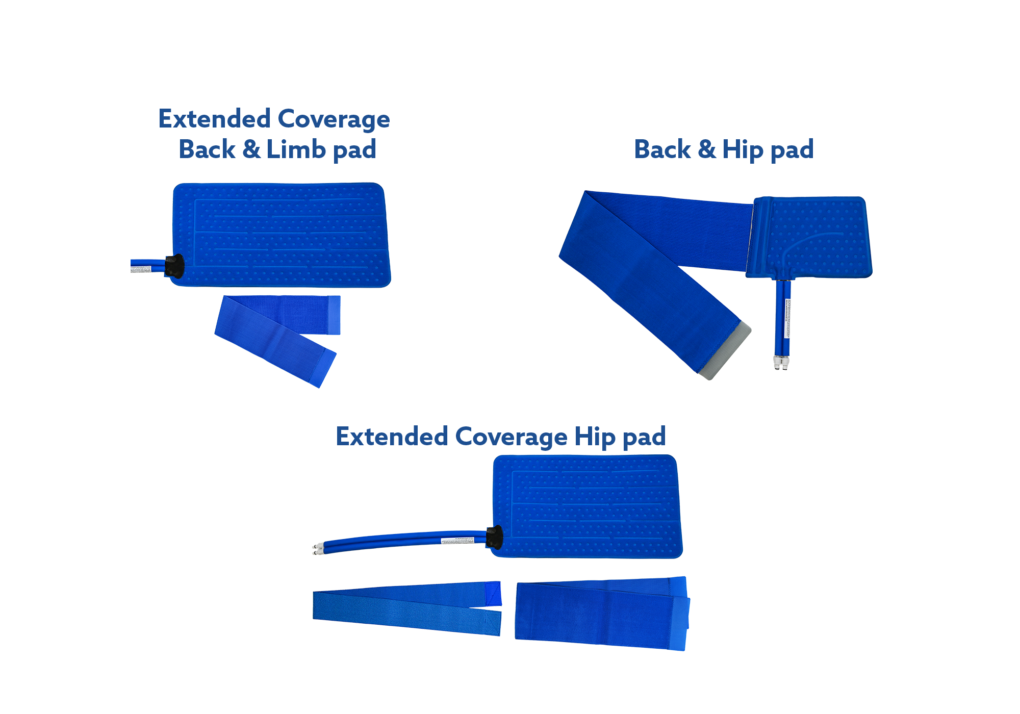 Set of blue active ice® cold therapy pads including extended coverage back and limb, back and hip, and extended coverage hip pad on a white background.
