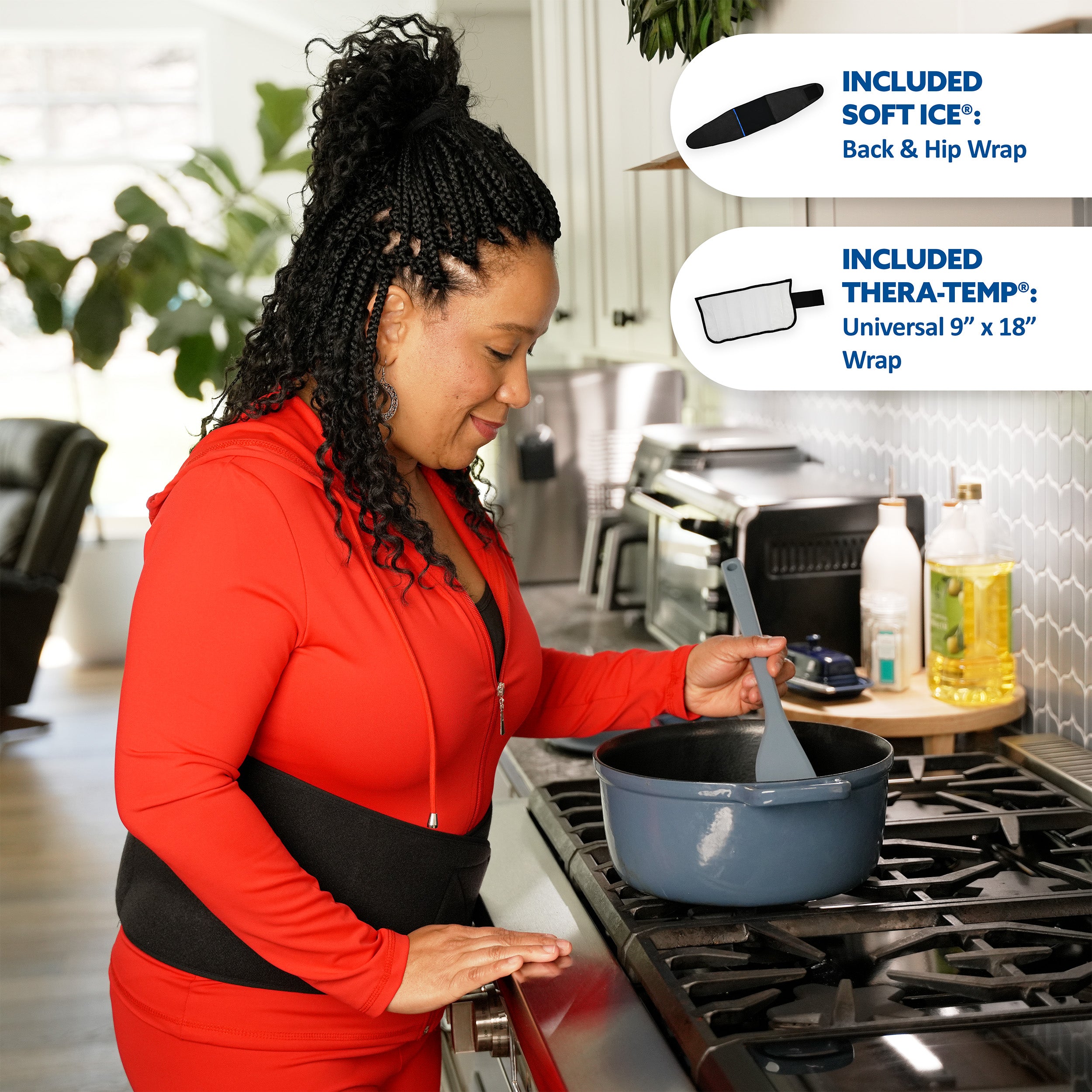 A woman in a red athletic outfit stands at a kitchen stove, holding a gray spatula in a blue pot. Two white callout bubbles on the right explain included items: a soft ice back and hip wrap and a Thera-Temp universal 9 by 18 inch wrap.