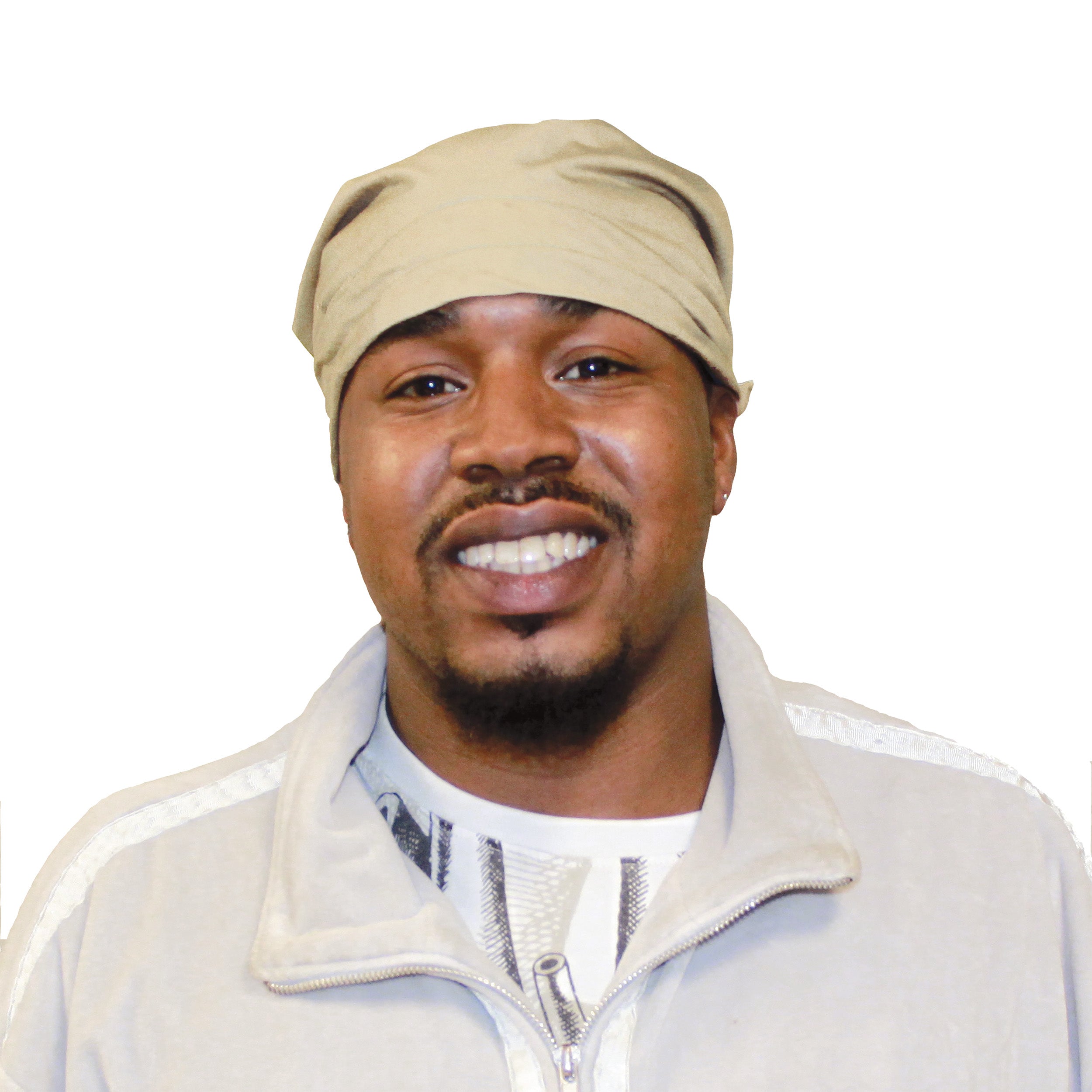 Man wearing a beige cooling bandana and light jacket on a white background