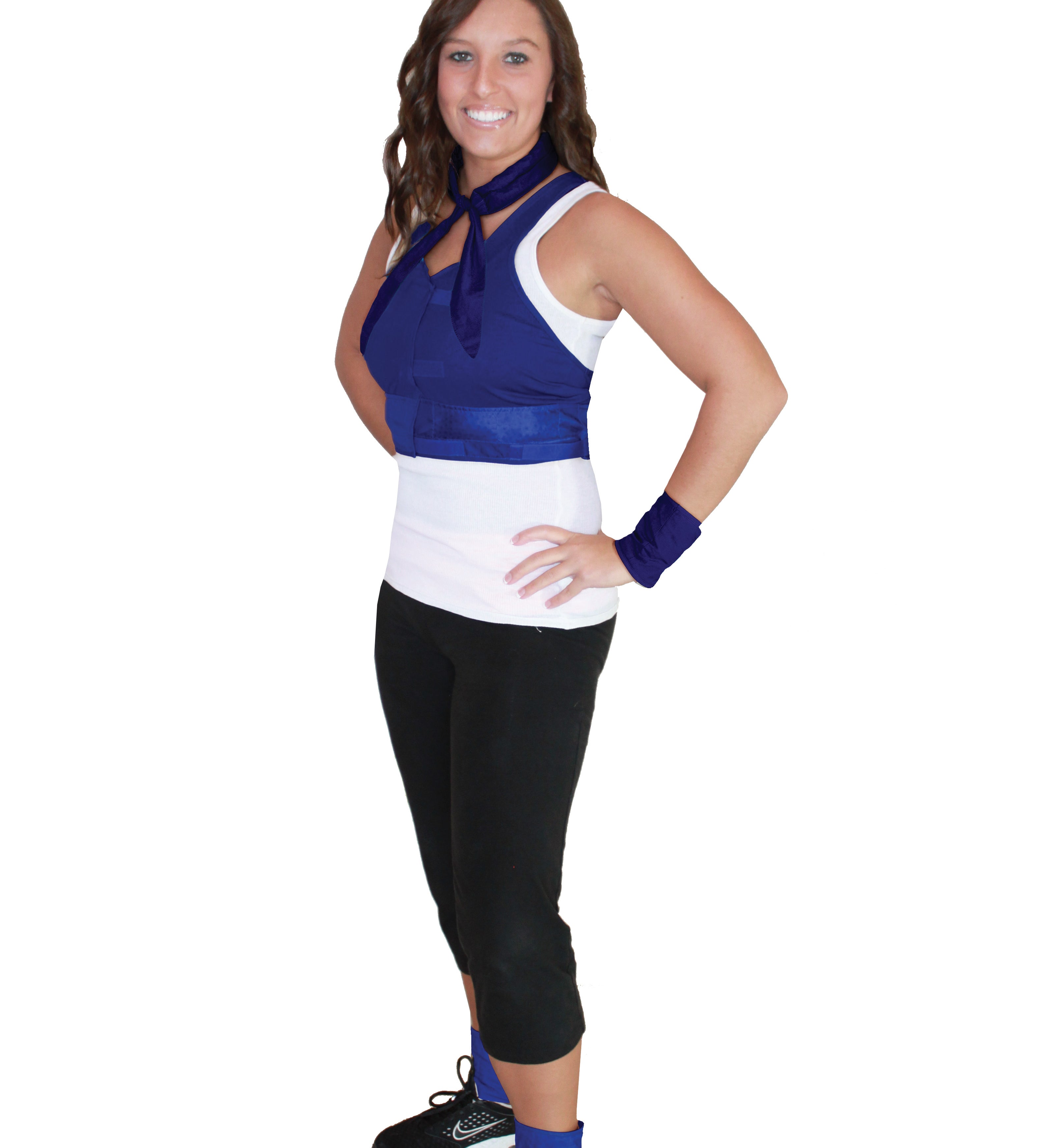 Woman wearing a blue Cool Comfort® Fit Kit with Hidden Vest, Neck, Wrist & Ankle Wraps with black capri pants on a white background