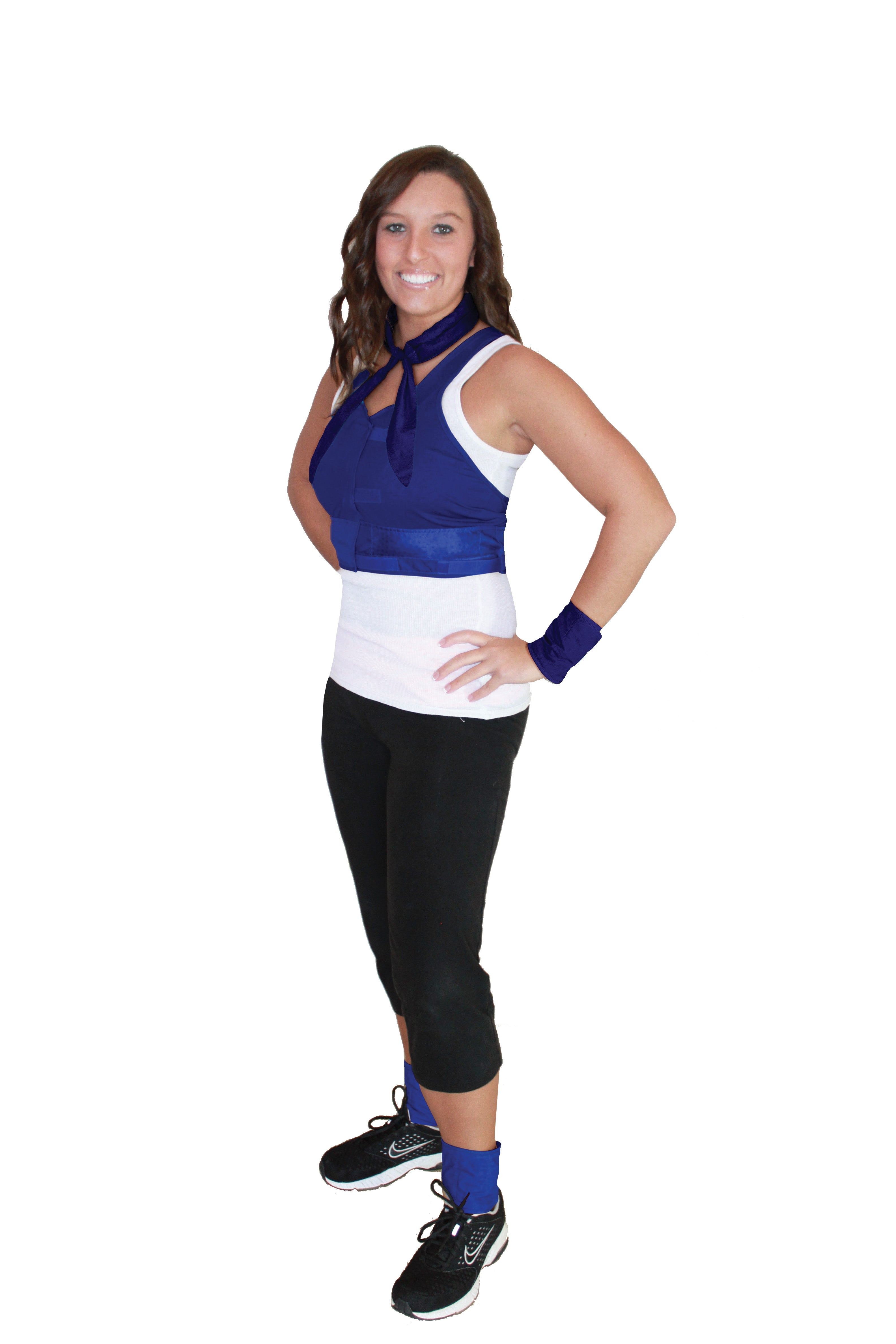 Woman wearing a blue Cool Comfort® Fit Kit with Hidden Vest, Neck, Wrist & Ankle Wraps with black capri pants on a white background
