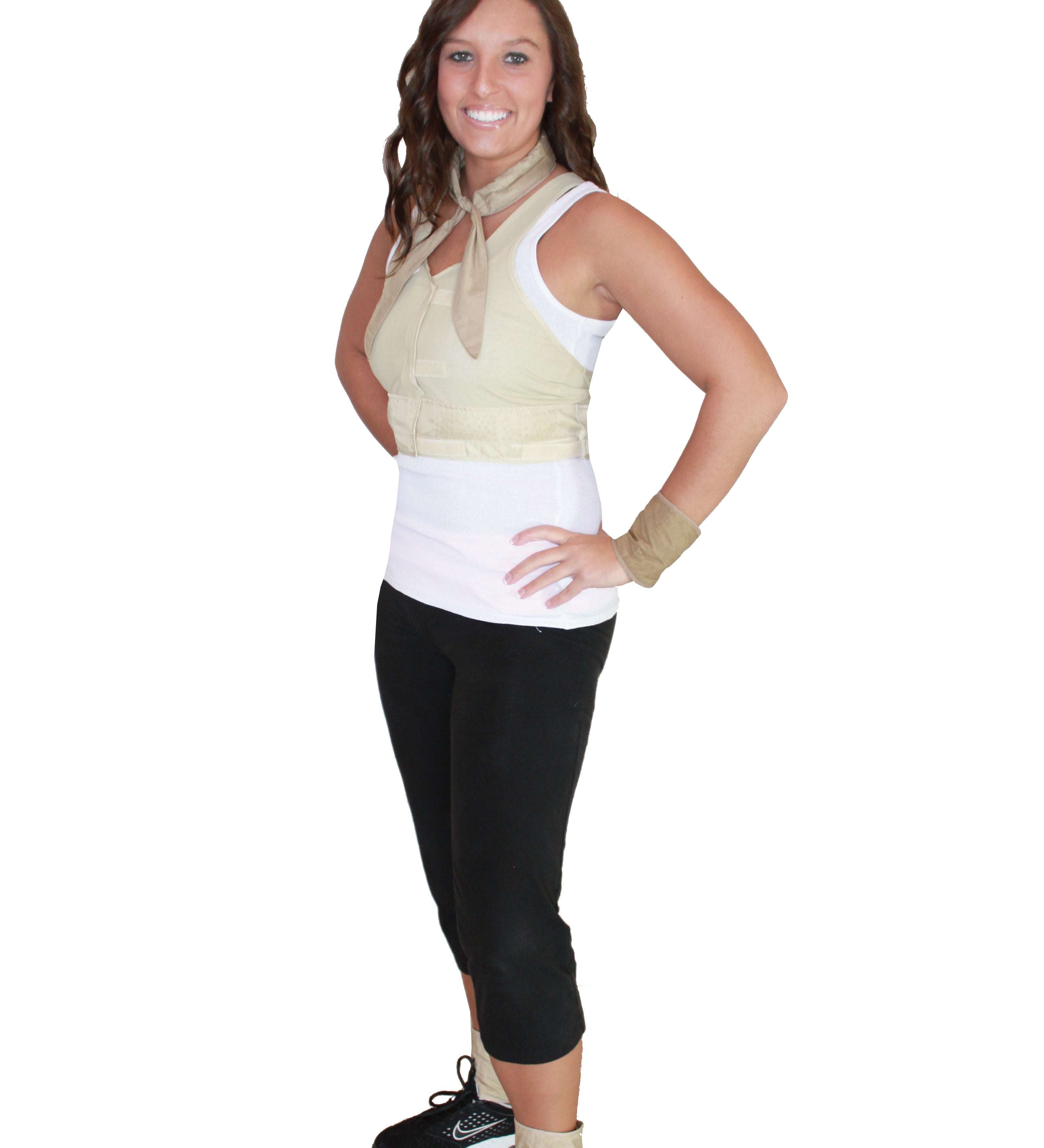 Woman wearing a beige Cool Comfort® Fit Kit with Hidden Vest, Neck, Wrist & Ankle Wraps and sneakers on a white background