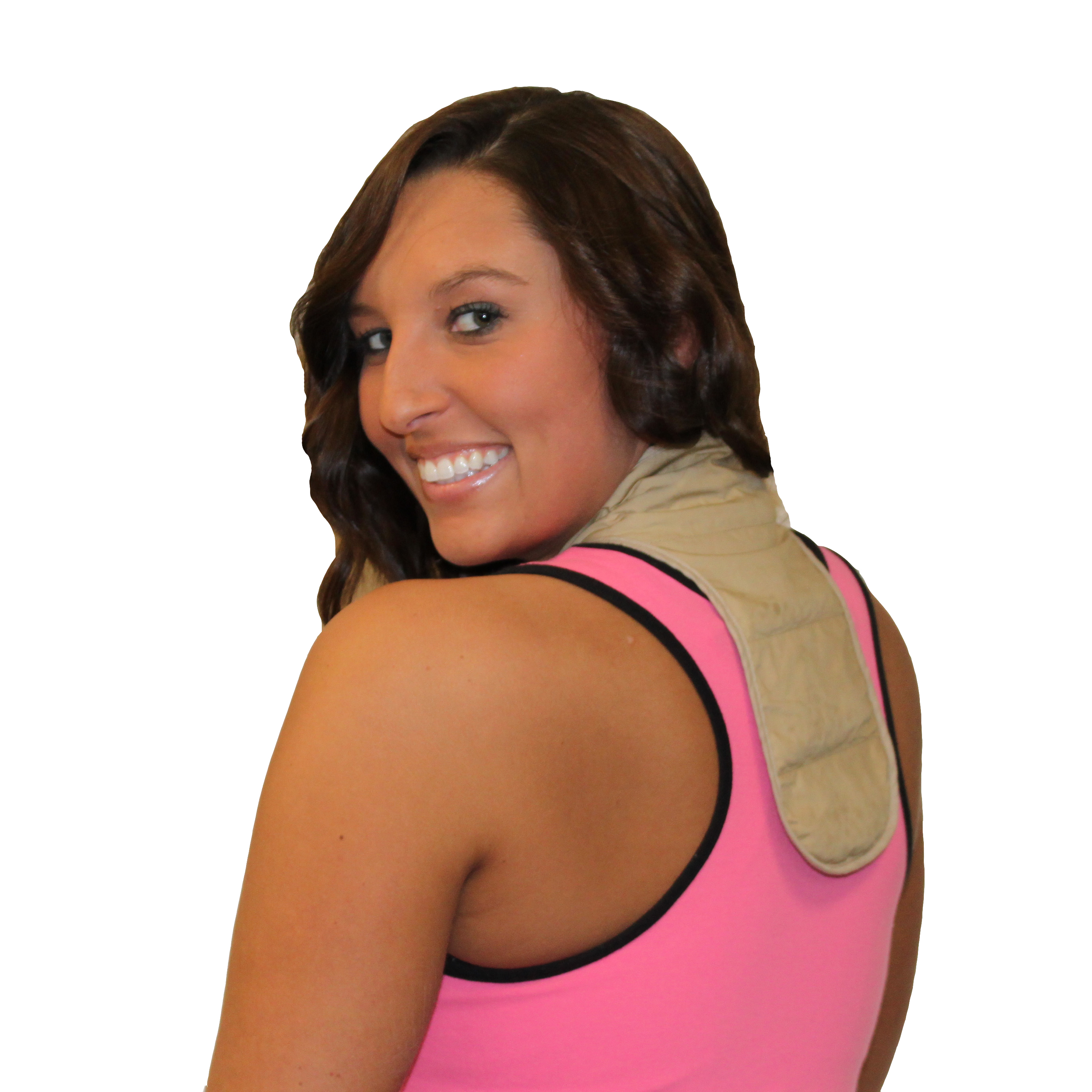 Woman wearing a pink tank top with a beige cooling neck & upper spine wrap on a white background