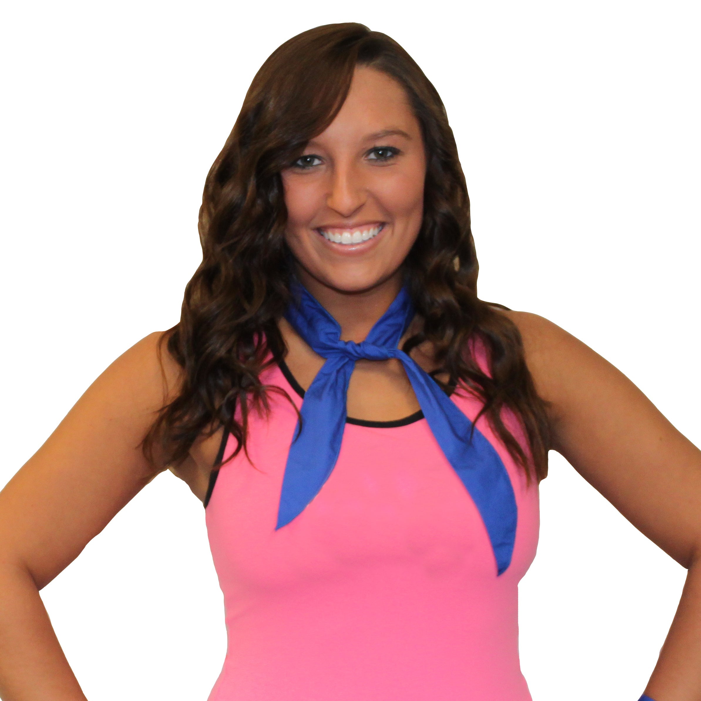 Woman wearing a pink top with blue cooling neckband on a white background