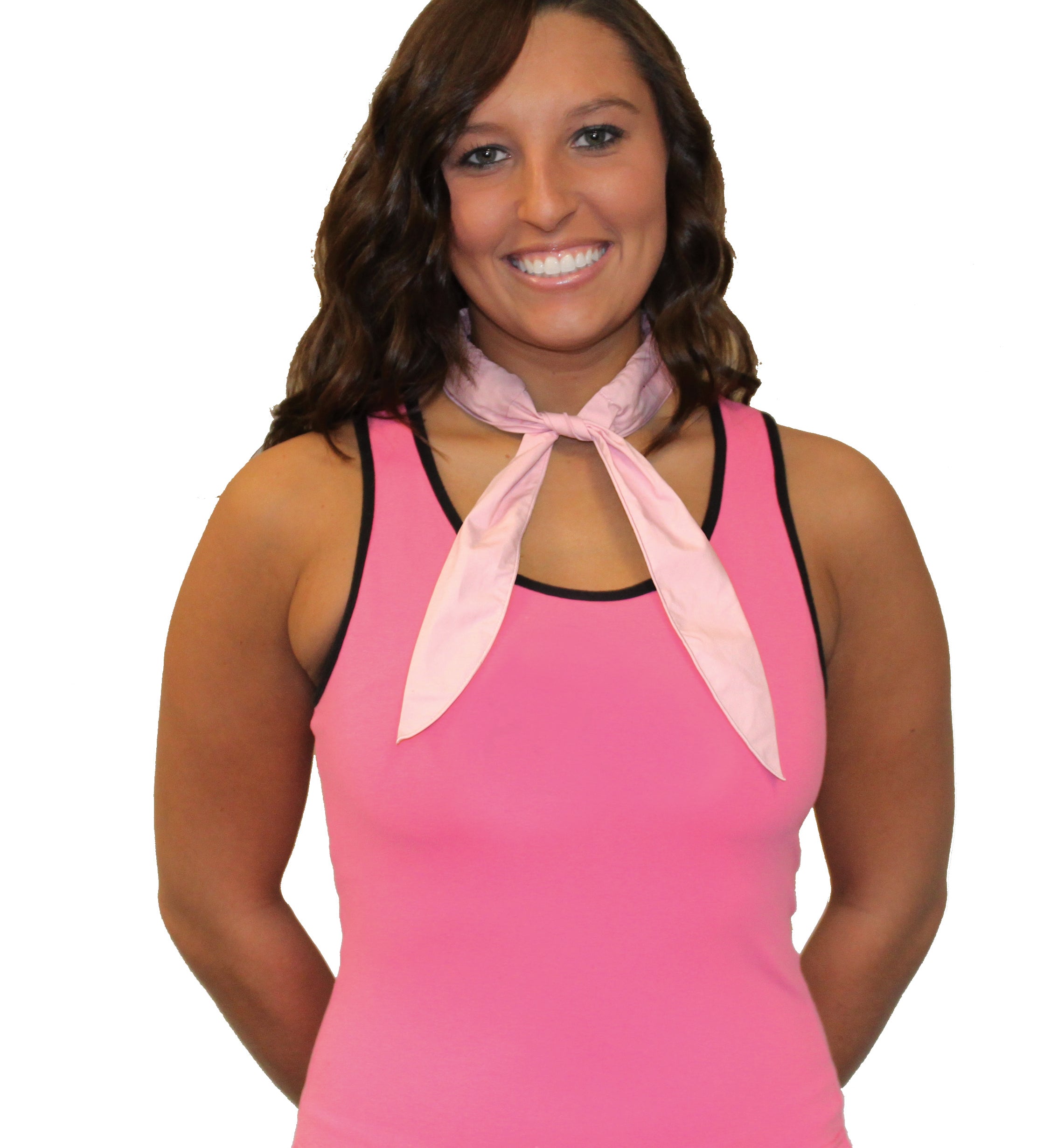 Woman wearing a pink tank top with a pink cooling neckband on a white background