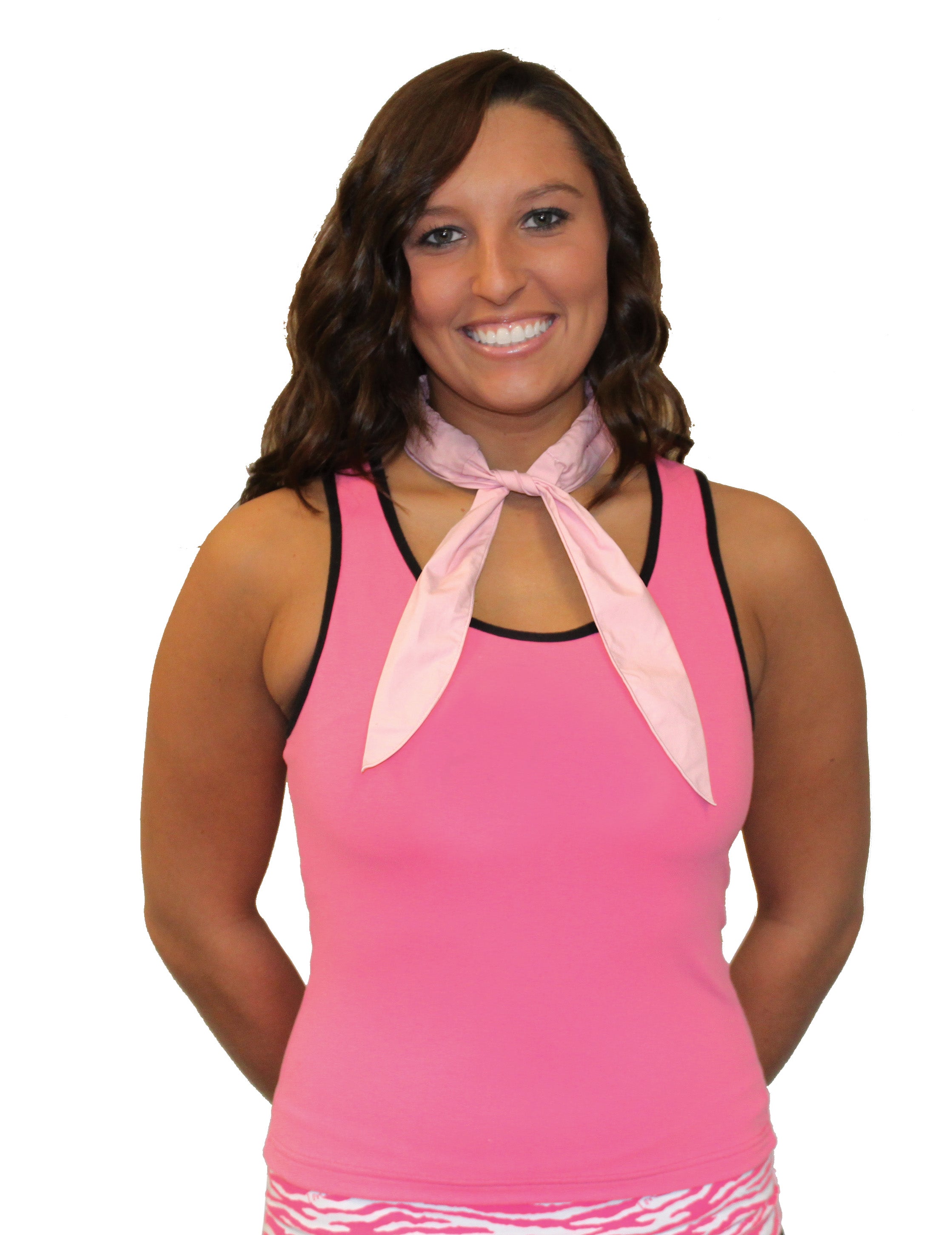 Woman wearing a pink tank top with a pink cooling neckband on a white background
