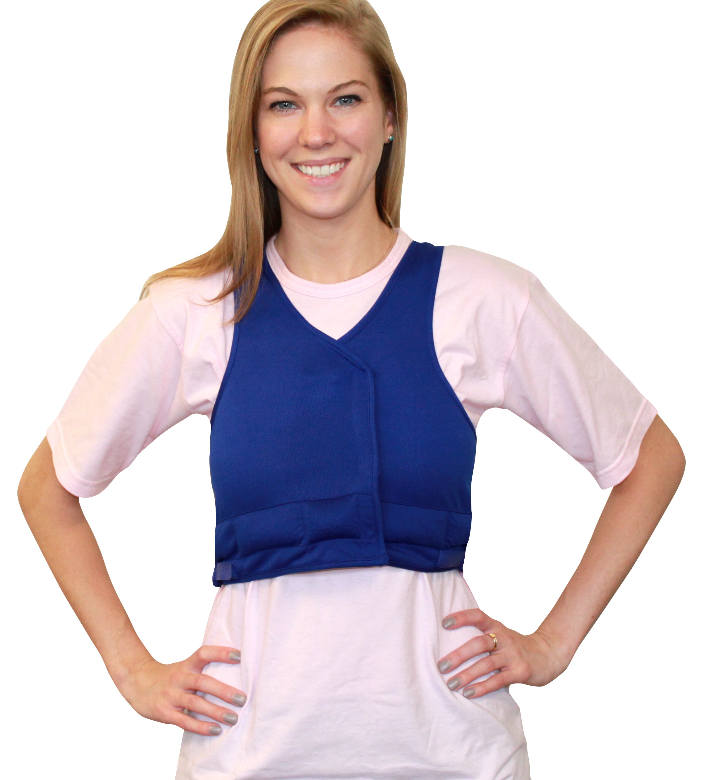 Woman wearing a blue Cool Comfort® Performance Cooling Hidden Vest over a pink shirt on a white background