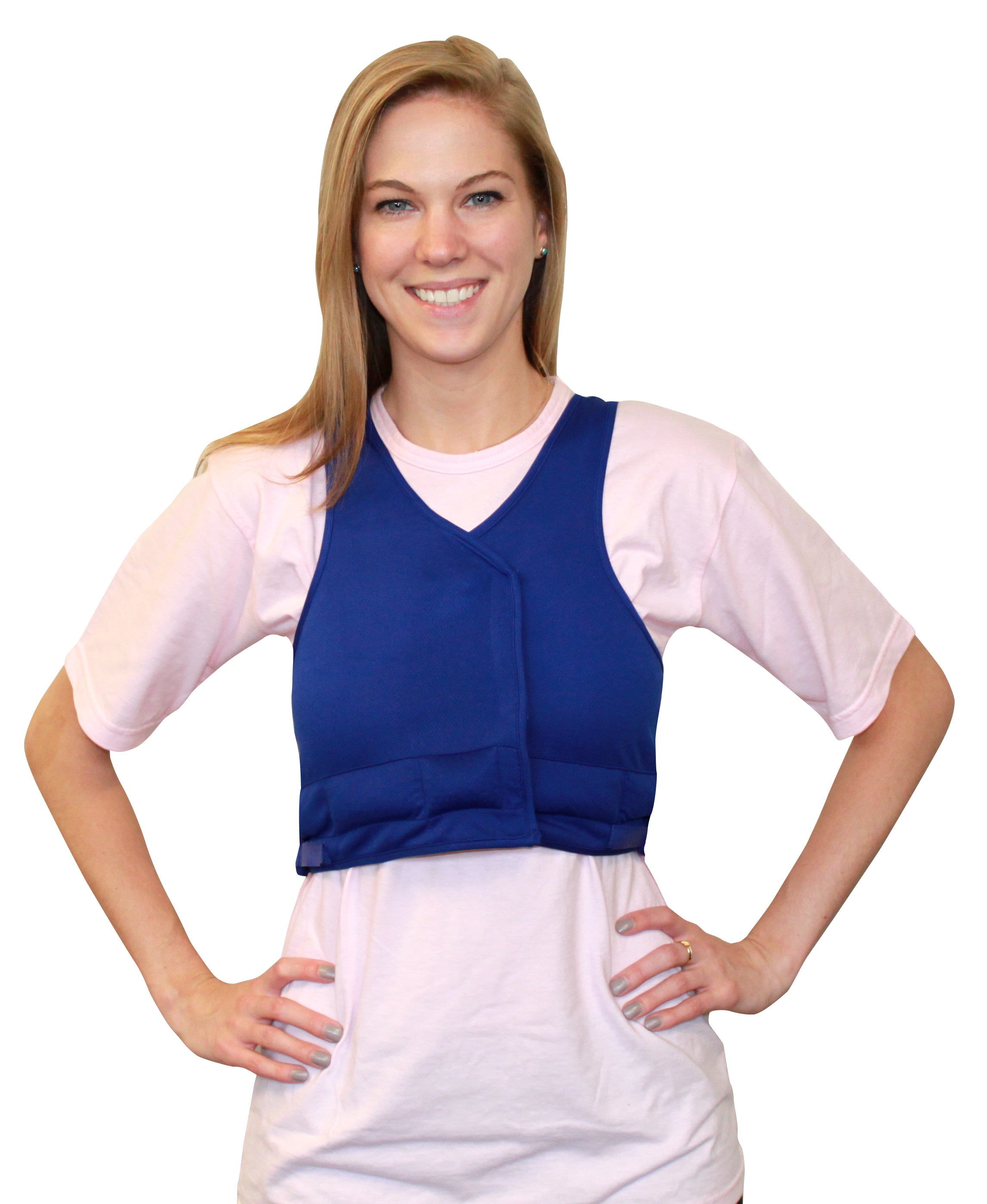 Woman wearing a blue Cool Comfort® Performance Cooling Hidden Vest over a pink shirt on a white background