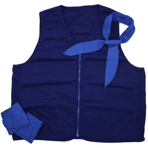 Blue evaporative cooling vest paired with evaporative cooling wrist and neck wraps on a white background