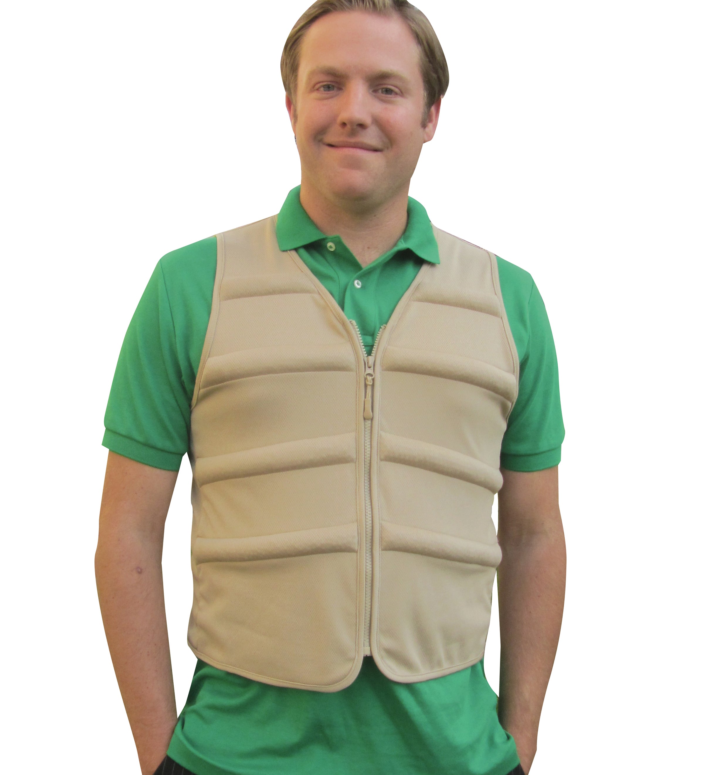 Man wearing a Beige Cool Comfort® Performance Cooling Vest over a green shirt on a white background