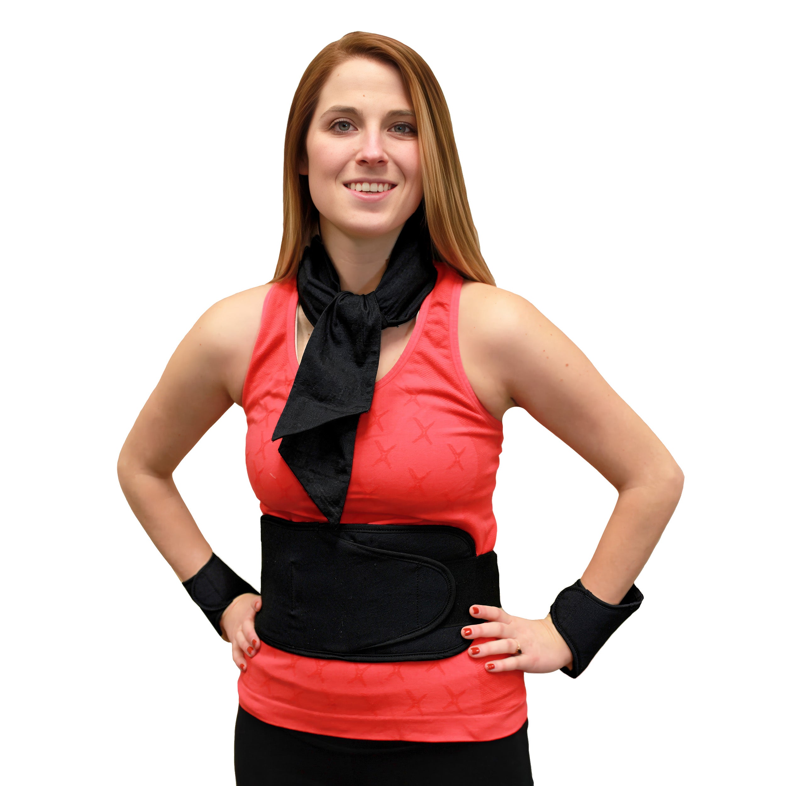 Woman wearing a black Cool58® CoolFit® Kit with Torso Wrap, Neck, Ankle, & Wrist Wraps, Extra Packs over an orange shirt on a white background