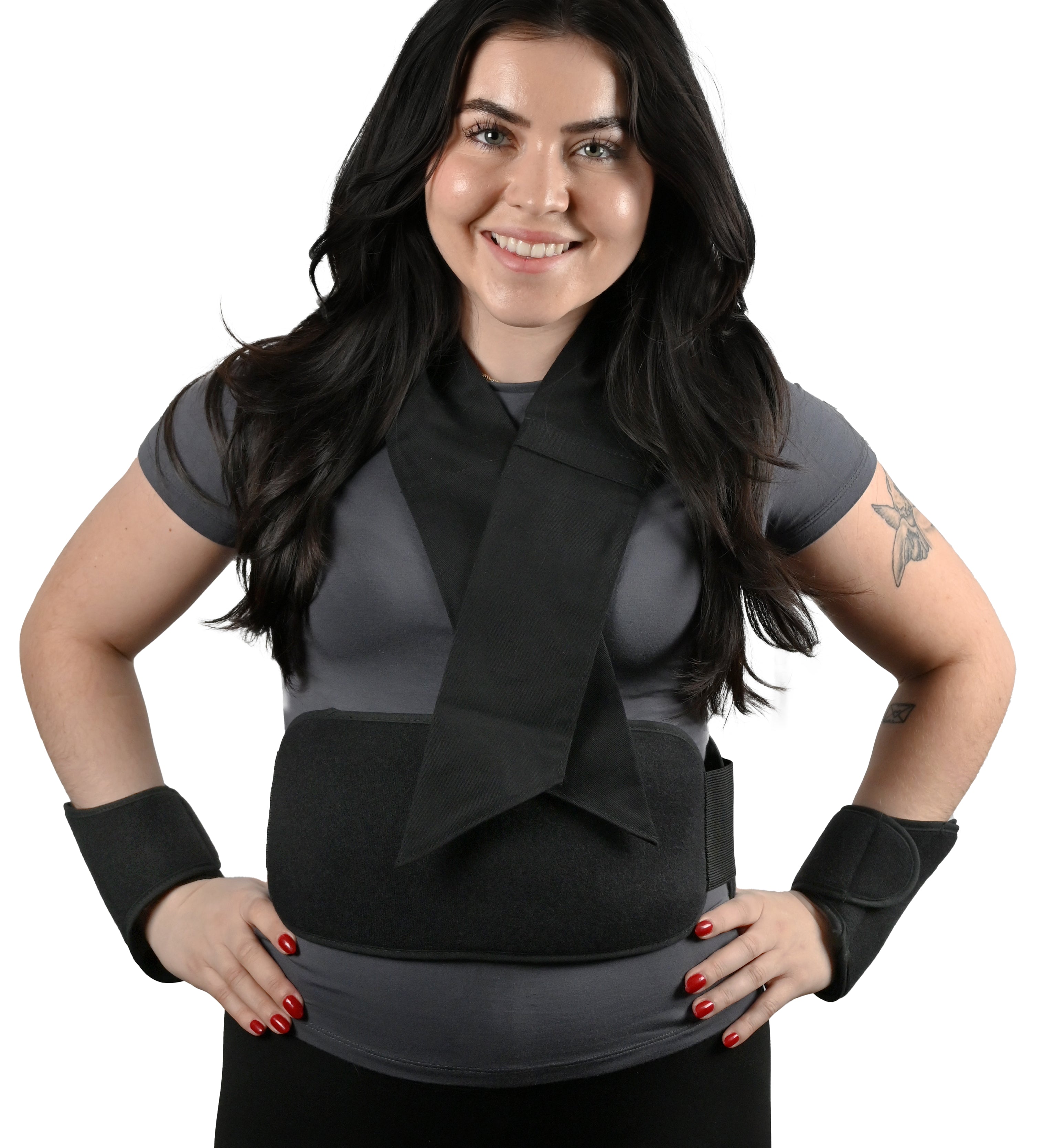 Woman wearing a black Kool Max® CoolFit® Kit with Torso Wrap, Neck, Ankle, & Wrist Wraps, Extra Packs over a gray shirt on a white background