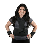 Woman wearing a black Kool Max® CoolFit® Kit with Torso Wrap, Neck, Ankle, & Wrist Wraps, Extra Packs over a gray shirt on a white background