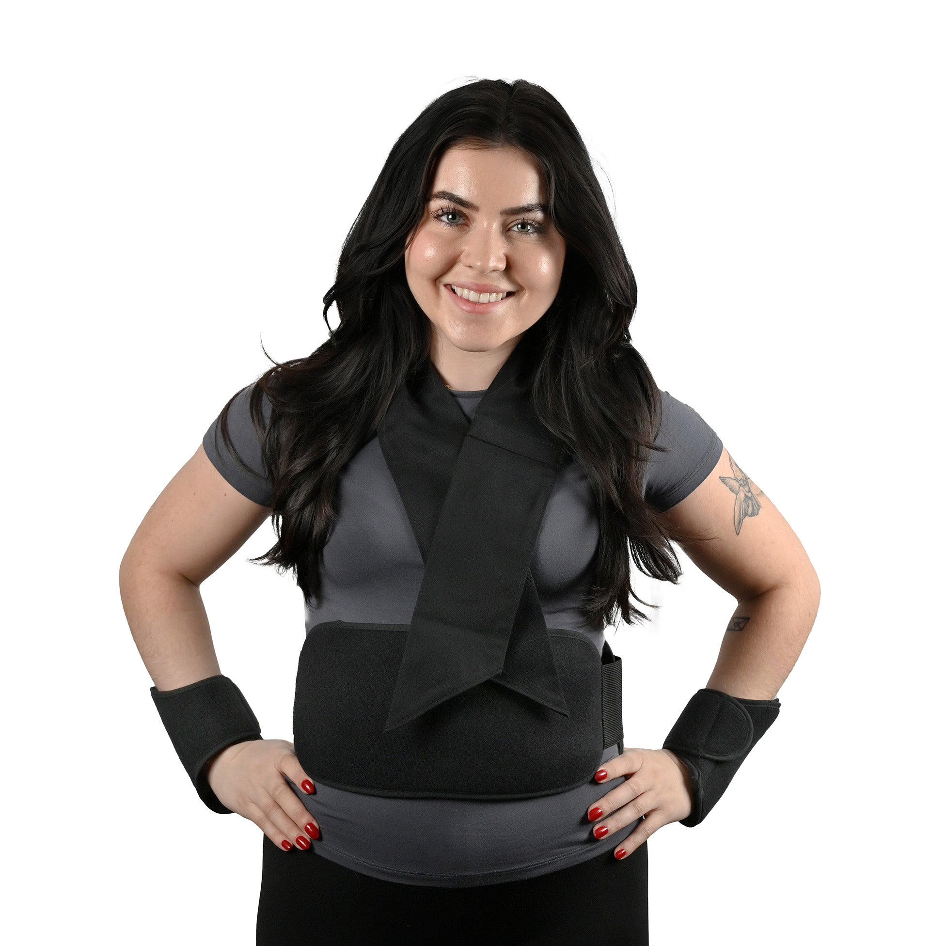 Woman wearing a black Kool Max® CoolFit® Kit with Torso Wrap, Neck, Ankle, & Wrist Wraps, Extra Packs over a gray shirt on a white background