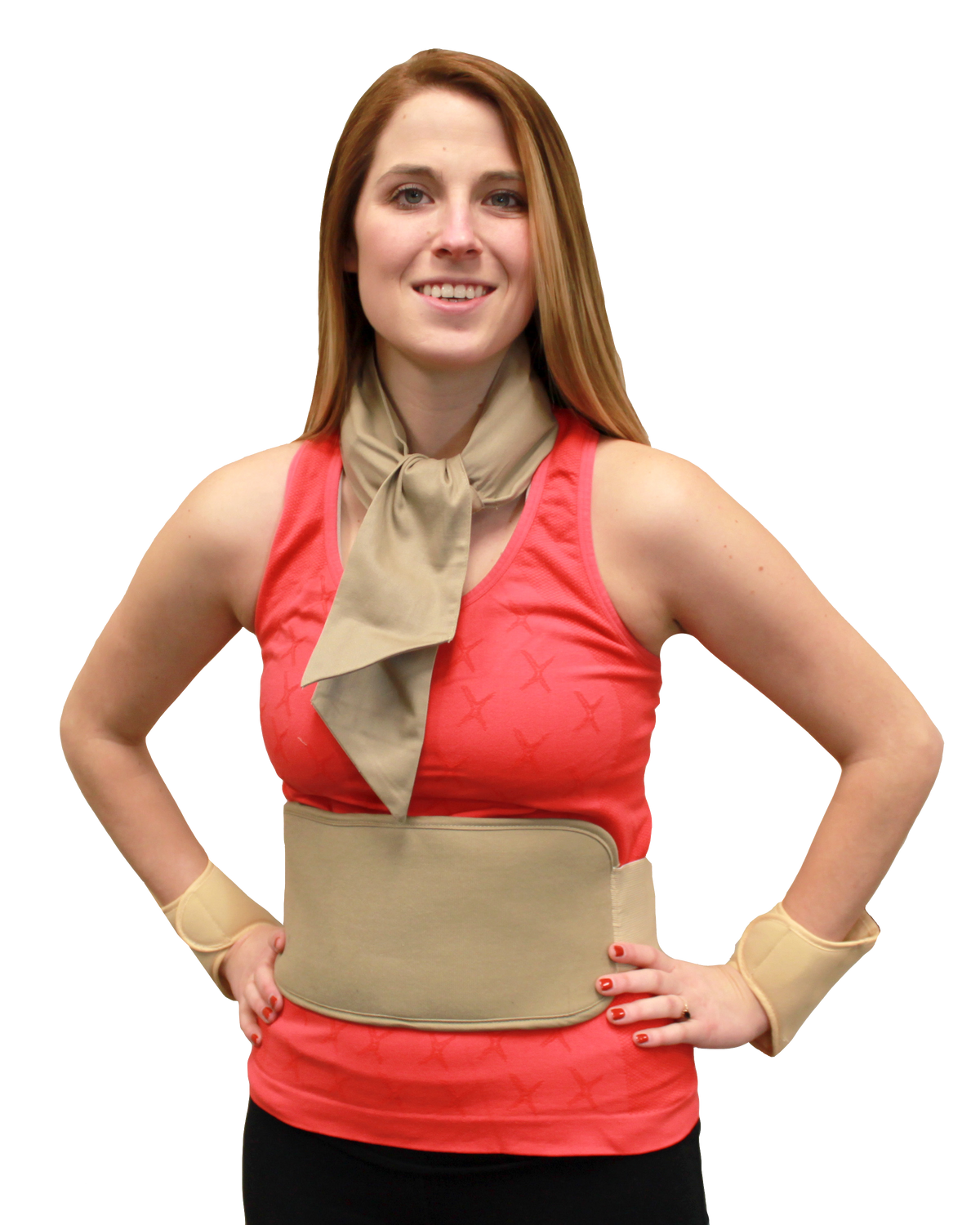 Woman wearing a beige cooling torso with matching cooling wrist wraps and deluxe cooling neck wrap on a white background