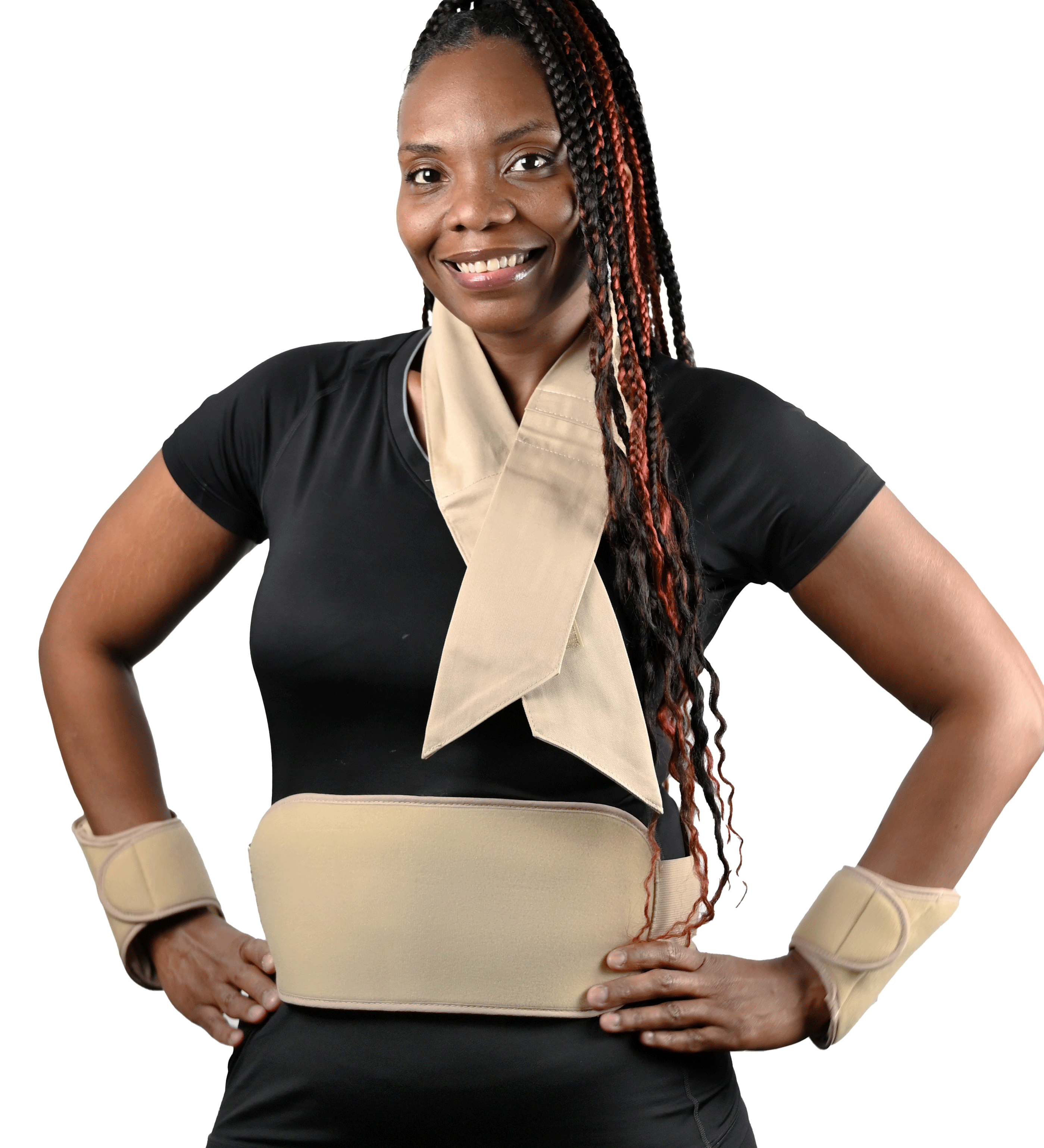 Woman wearing a khaki Kool Max® CoolFit® Kit with Torso Wrap, Neck, Ankle, & Wrist Wraps, Extra Packs over a black shirt on a white background