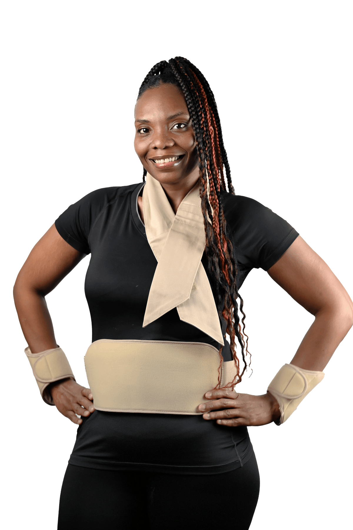 Woman wearing a khaki Kool Max® CoolFit® Kit with Torso Wrap, Neck, Ankle, & Wrist Wraps, Extra Packs over a black shirt on a white background