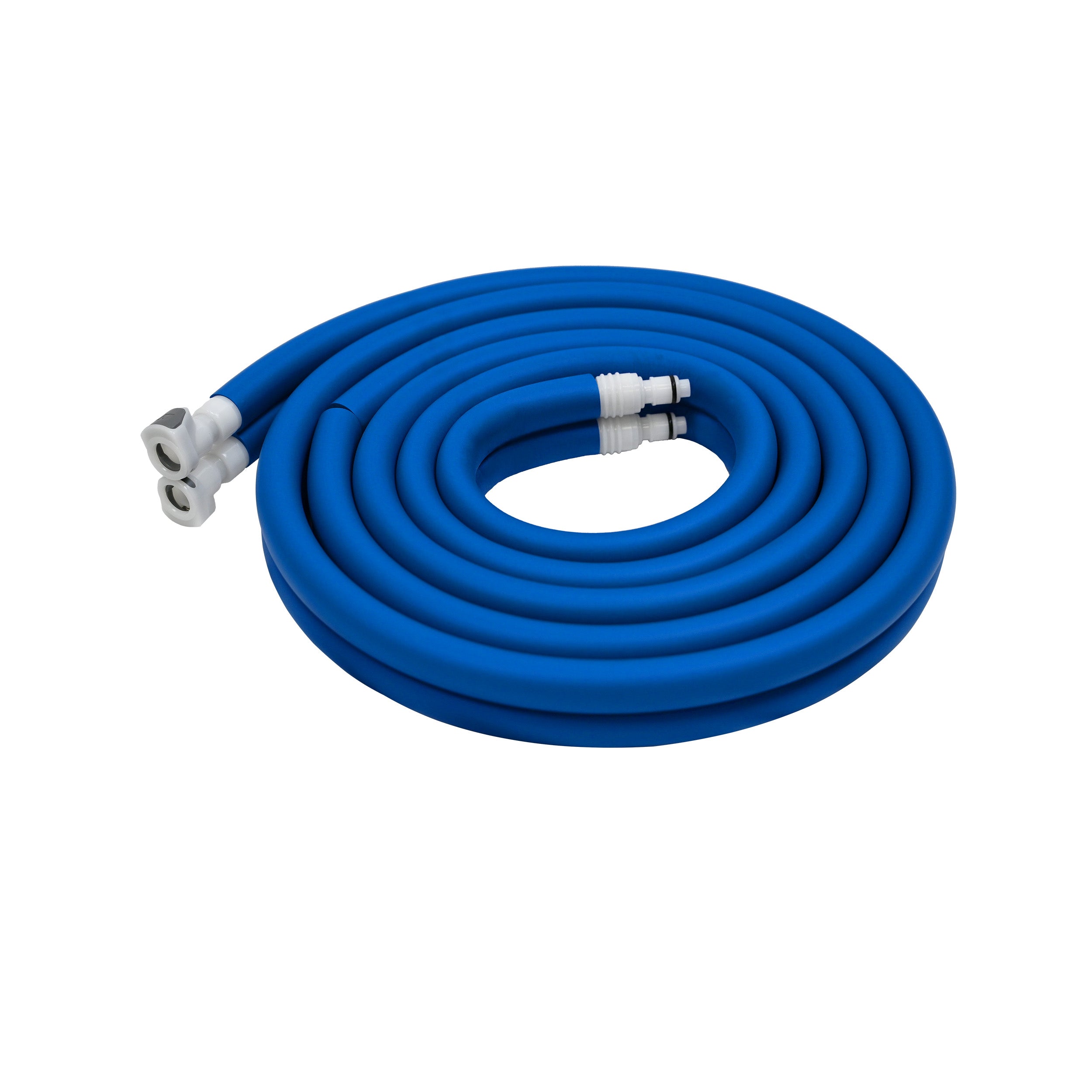 A coiled blue hose with white plastic connectors on both ends, shown on a plain white background.