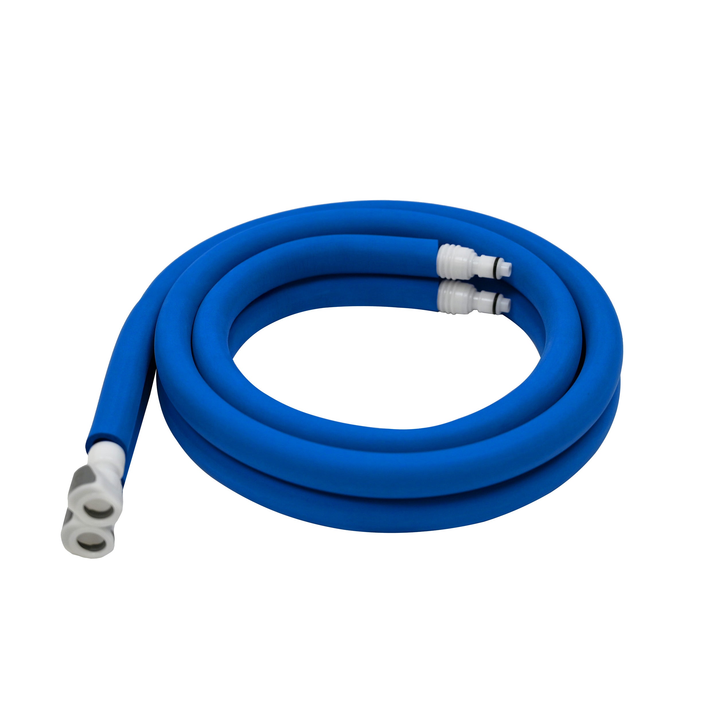 A coiled blue hose with white plastic connector fittings on both ends, shown on a plain white background.