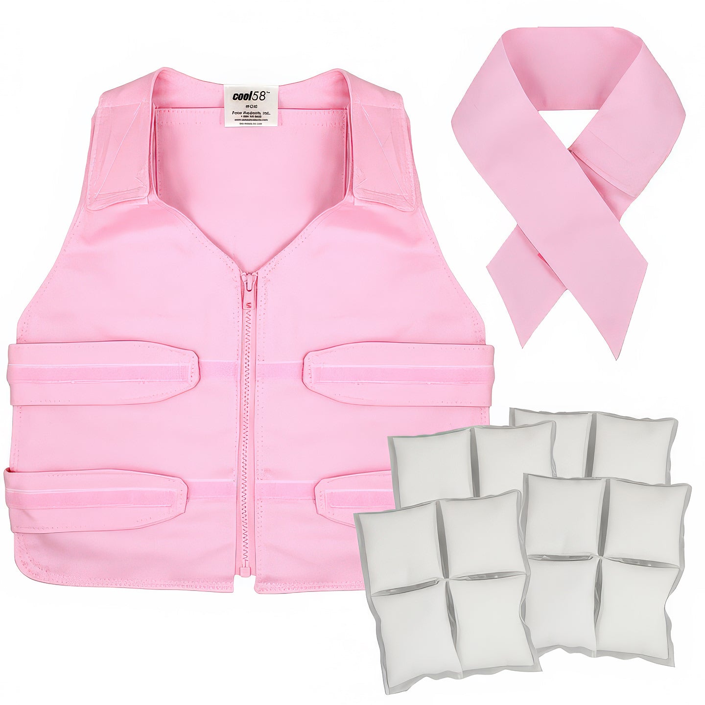 Pink Cool Kids™ Cooling Kit with Vest, Neck Wrap, Extra Packs on a white background
