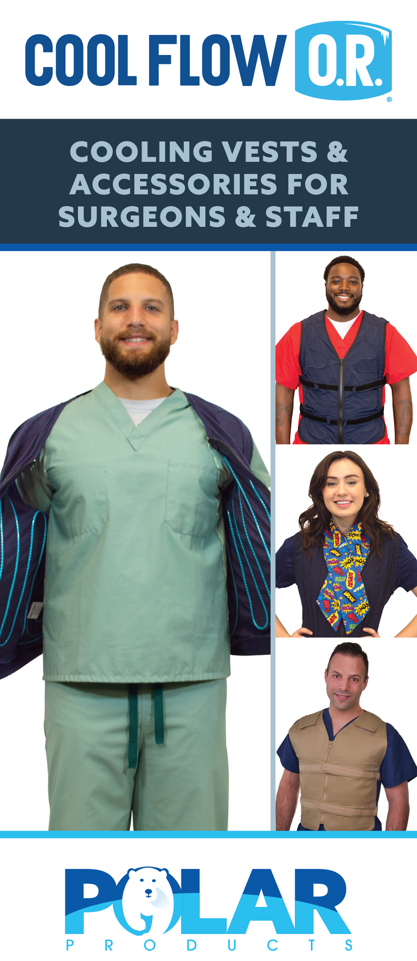 Promotional cover for a Cool Flow OR® brochure that shows text saying Cooling vests and accessories for surgeons & staff. In the images are people wearing various cooling vests and cooling neck wraps