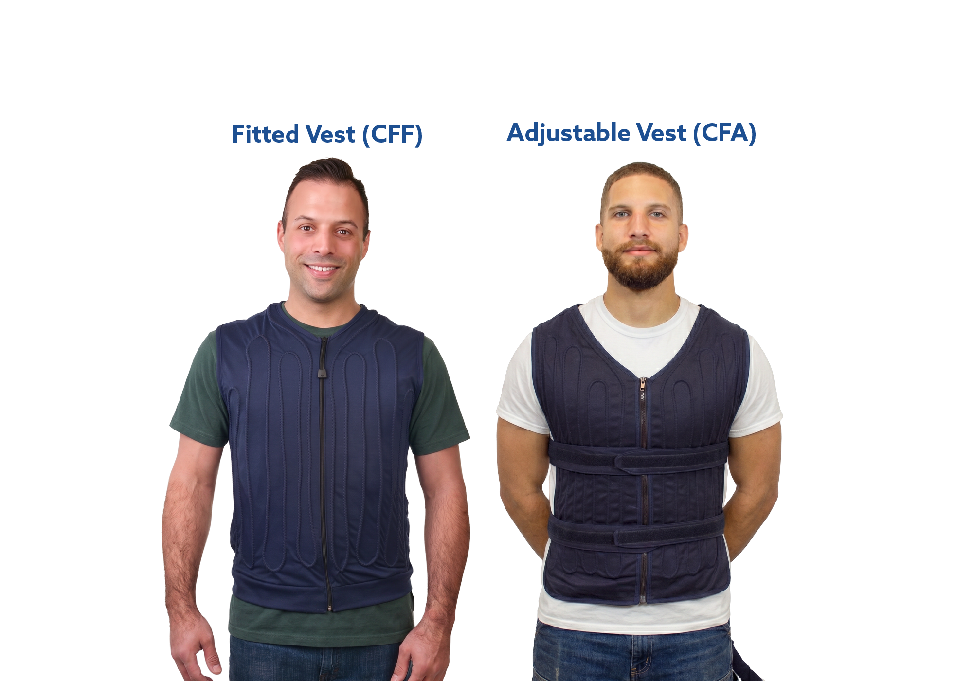 Two men wearing different types of vests labeled 'Fitted Vest (CFF)' and 'Adjustable Vest (CFA)' on a white background.