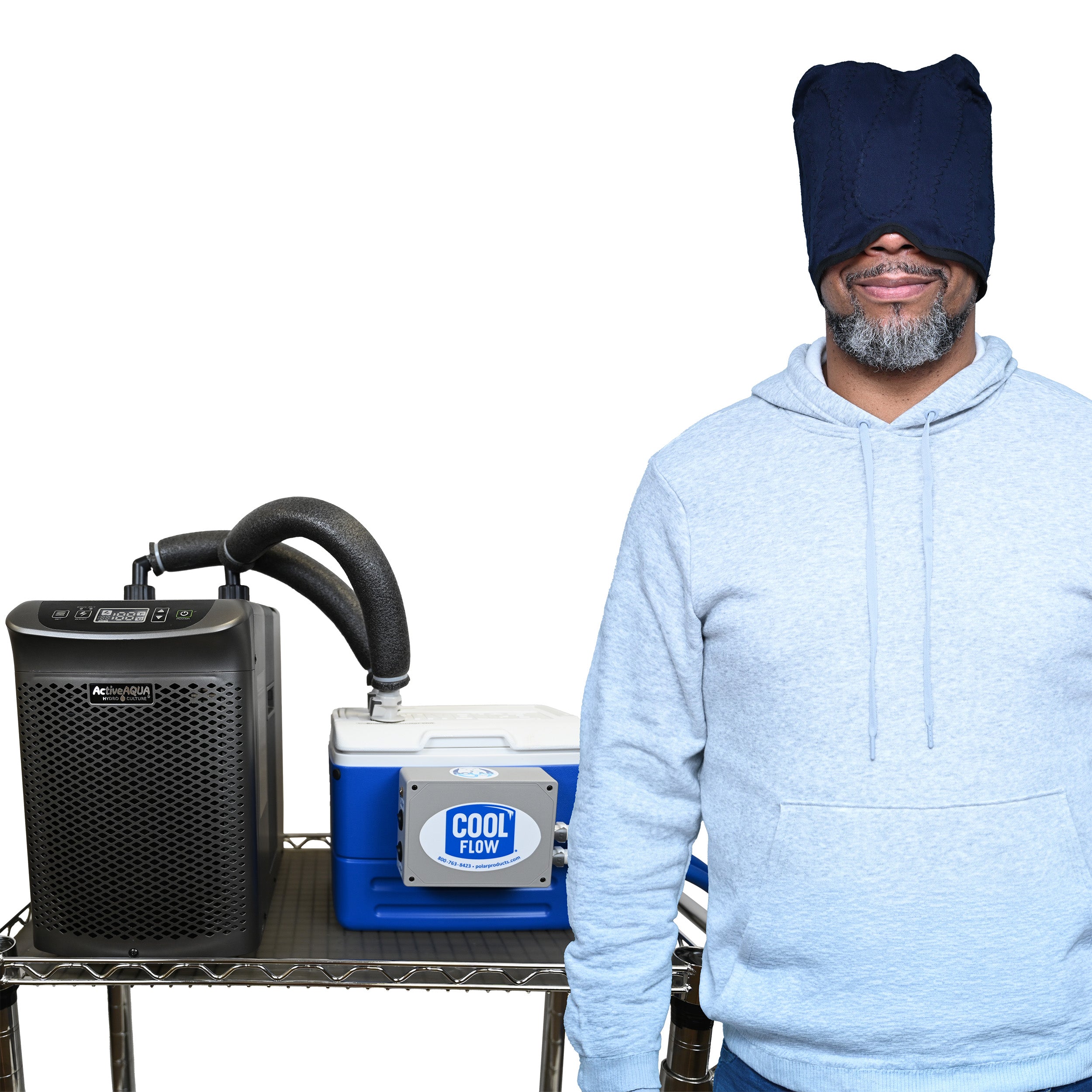 Woman with a circulating water cooling extended head cap next to a cool flow® circulating cold water machine paired with arctic chiller for continuous cooling.