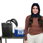 Woman with a circulating water cooling head cap next to a cool flow® circulating cold water machine paired with arctic chiller for continuous cooling.