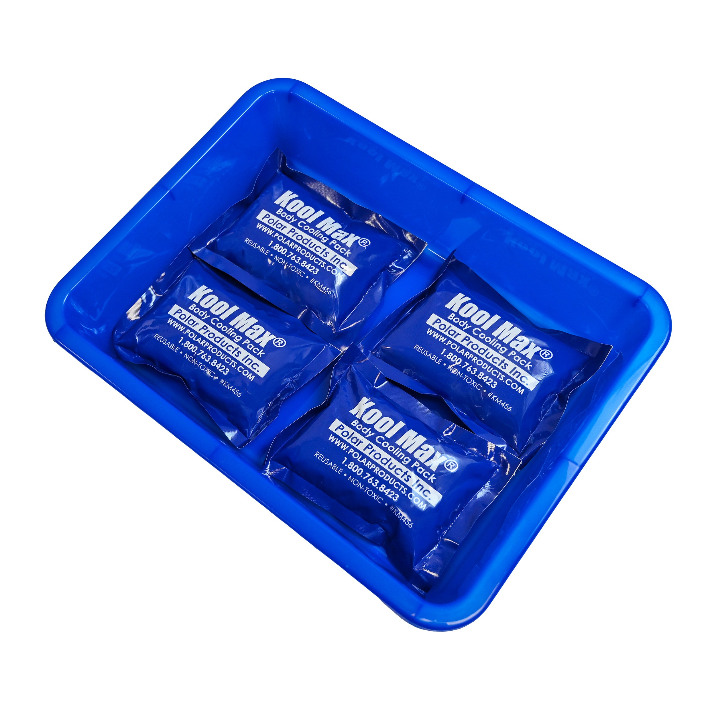 Blue Kool Max® packs in a blue Cooling Pack Freezer Container tray on a white background
