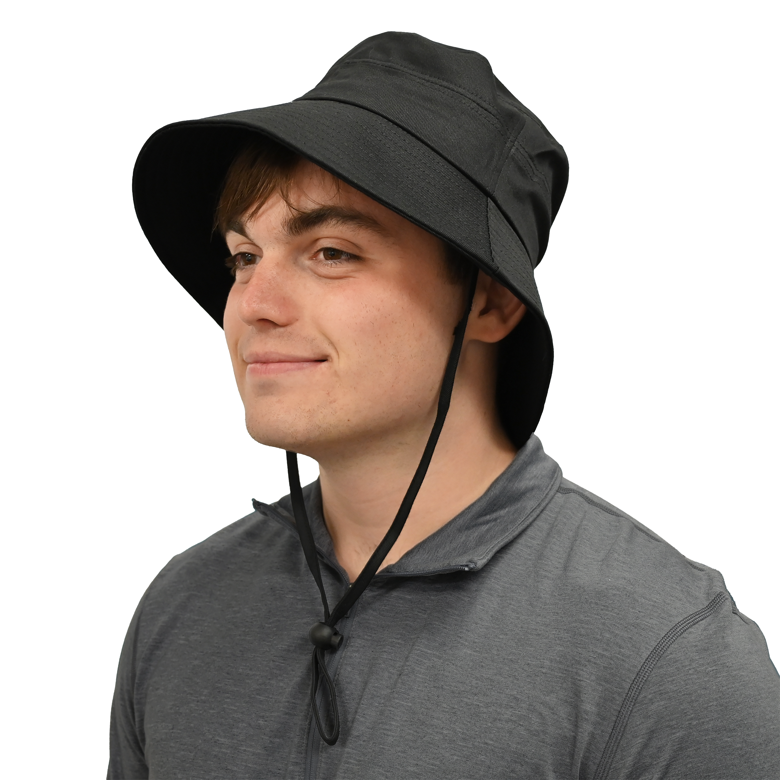 Person wearing a black cooling bucket hat with chin strap on a white background