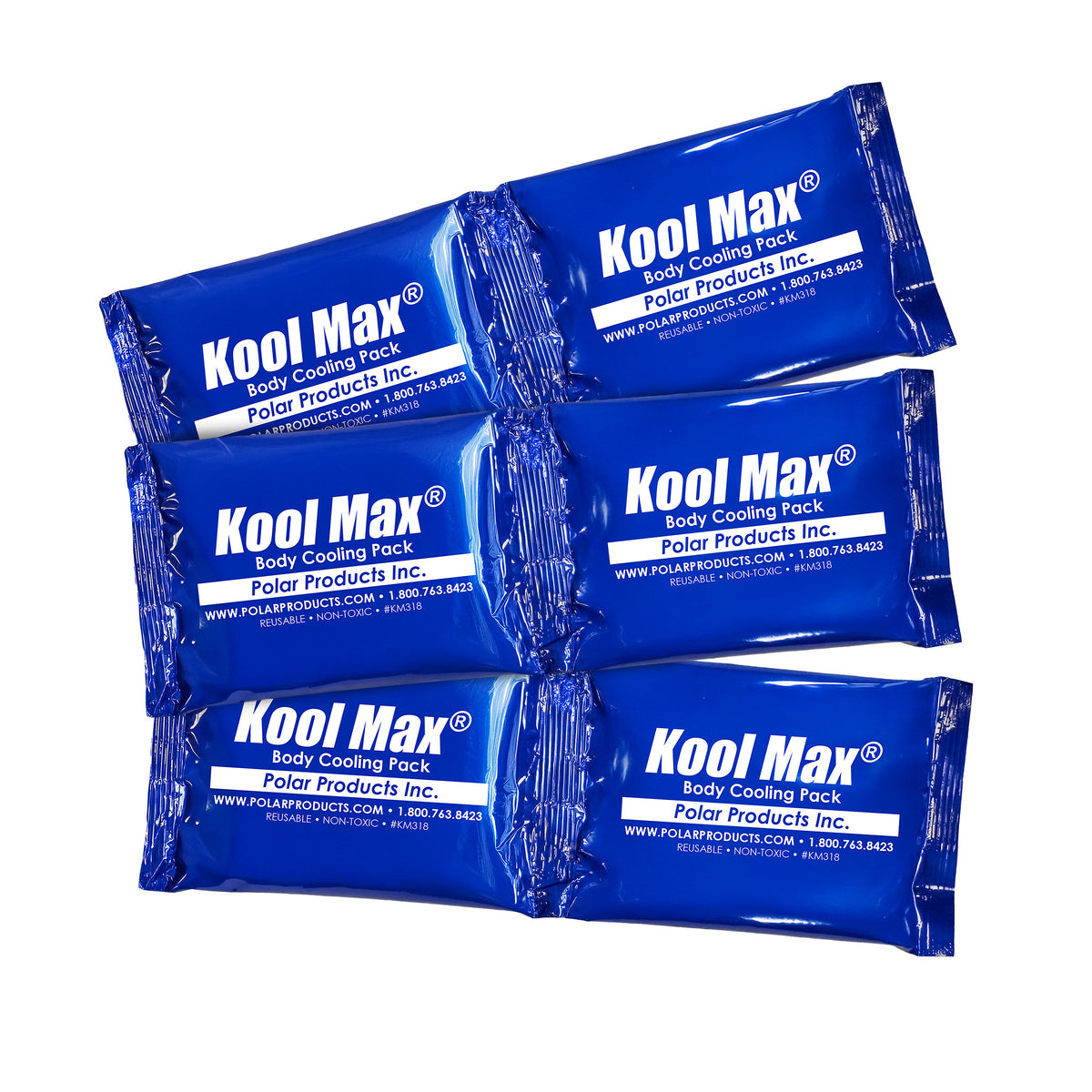 Set of six Kool Max Body Cooling Packs by Polar Products, reusable non-toxic ice packs.