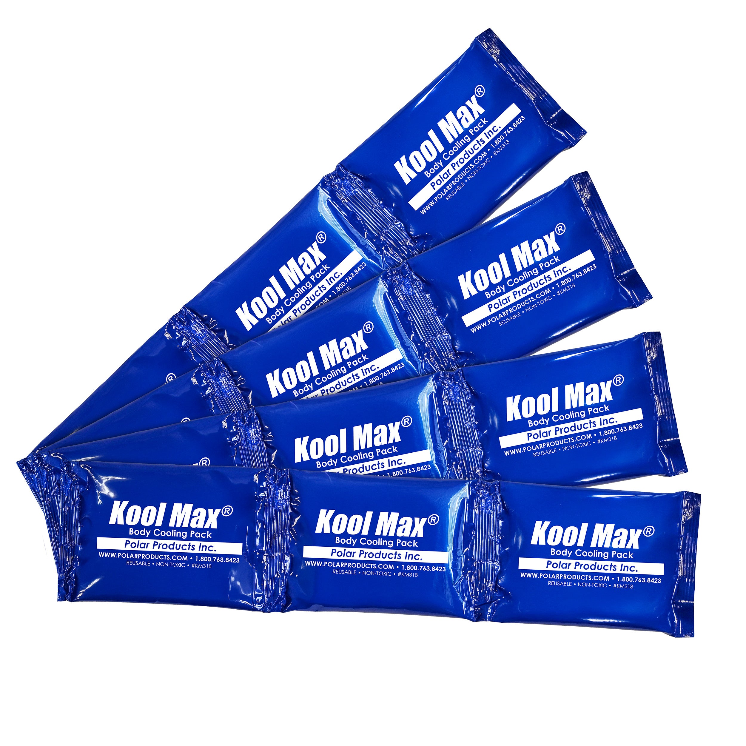 Fan of ten Kool Max Body Cooling Packs by Polar Products, blue reusable ice packs