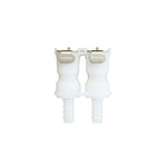 A pair of white plastic tabbed connectors with silver metal tabs, shown on a solid white background.