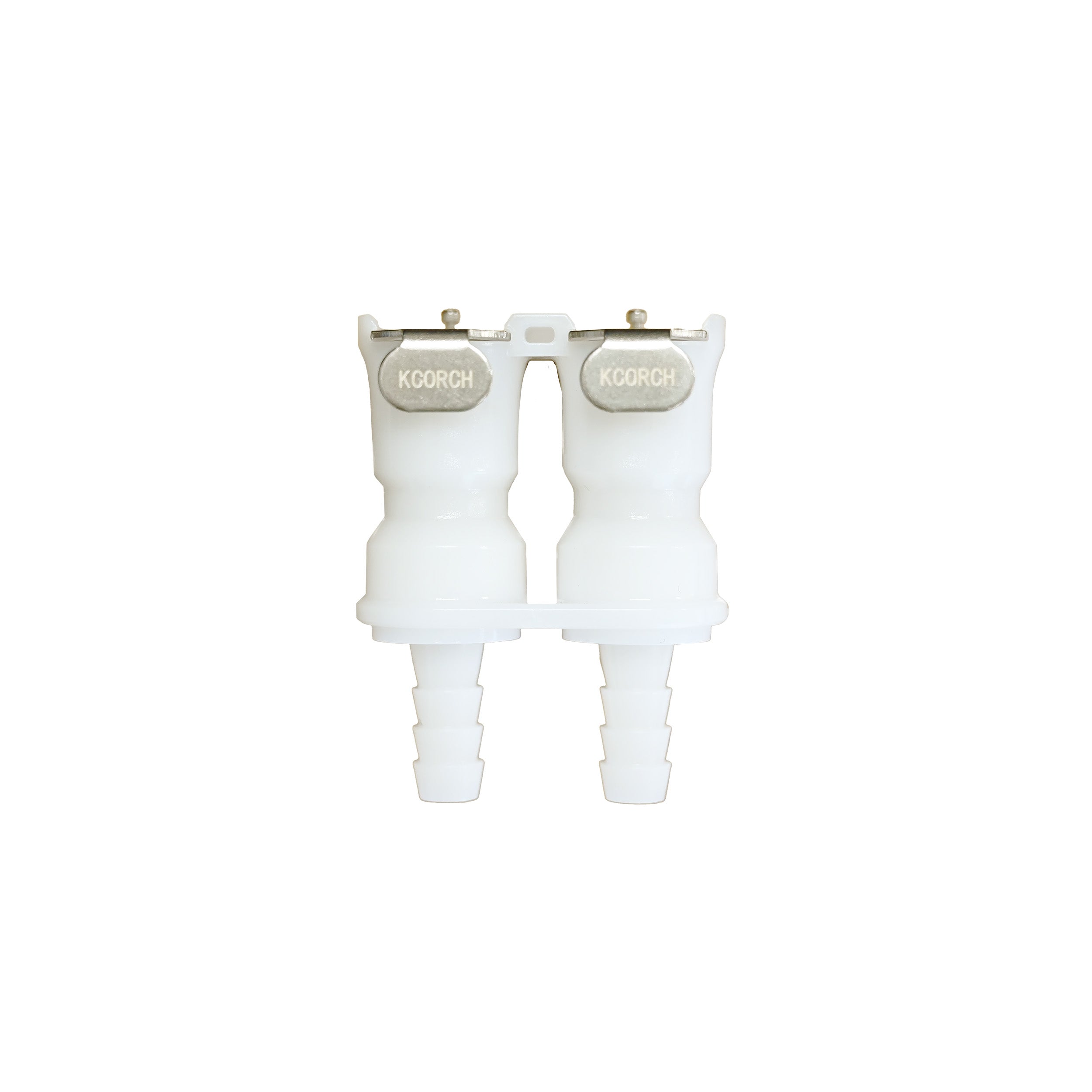 A pair of white plastic tabbed connectors with silver metal tabs, shown on a solid white background.