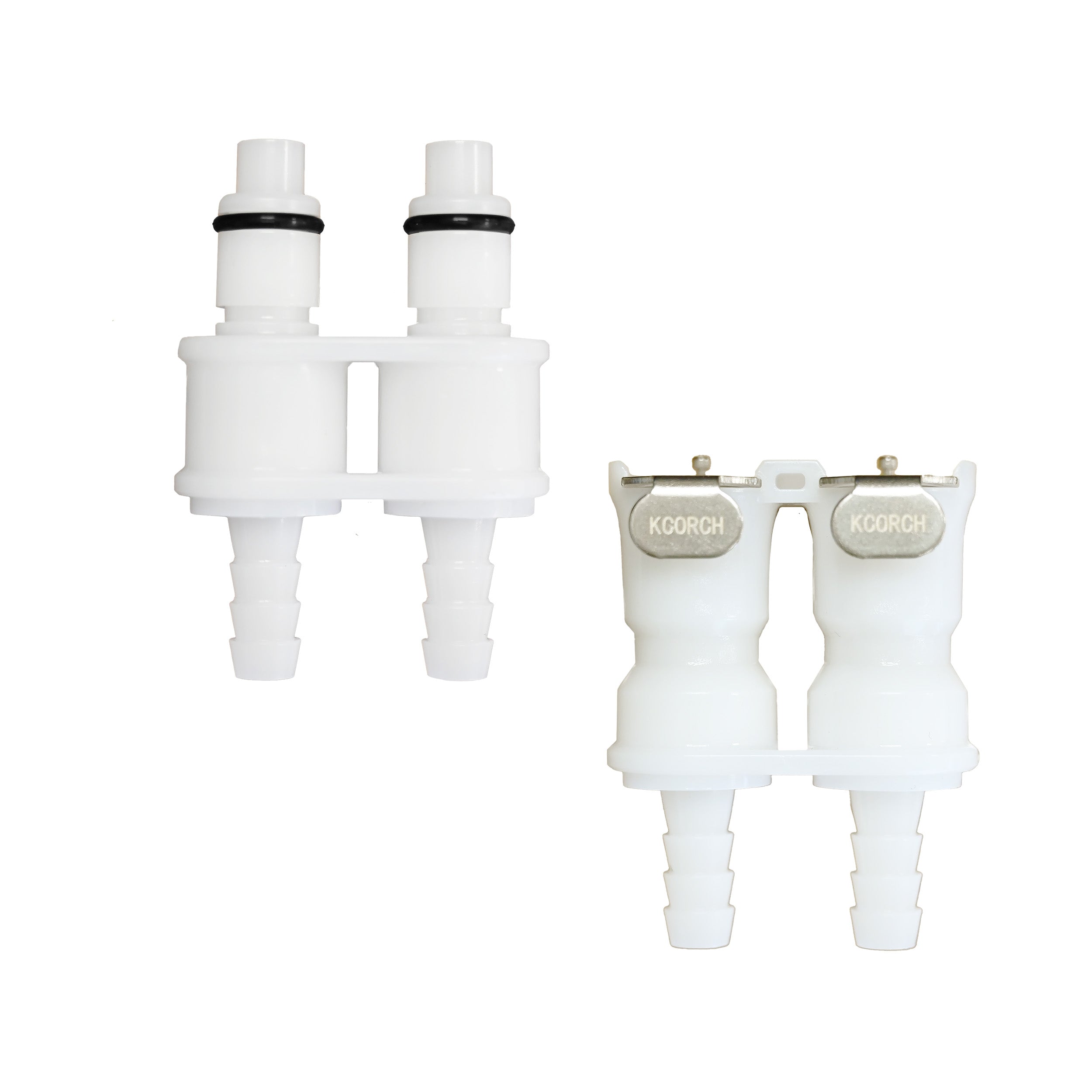 Two white plastic dual-port connector components shown on a plain white background, both upright, with small black O-rings and a metal label reading KCORCH.