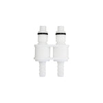 A white plastic dual-port connector with black O-rings, isolated on a solid white background.