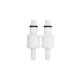 A white plastic dual-port connector with black O-rings, isolated on a solid white background.